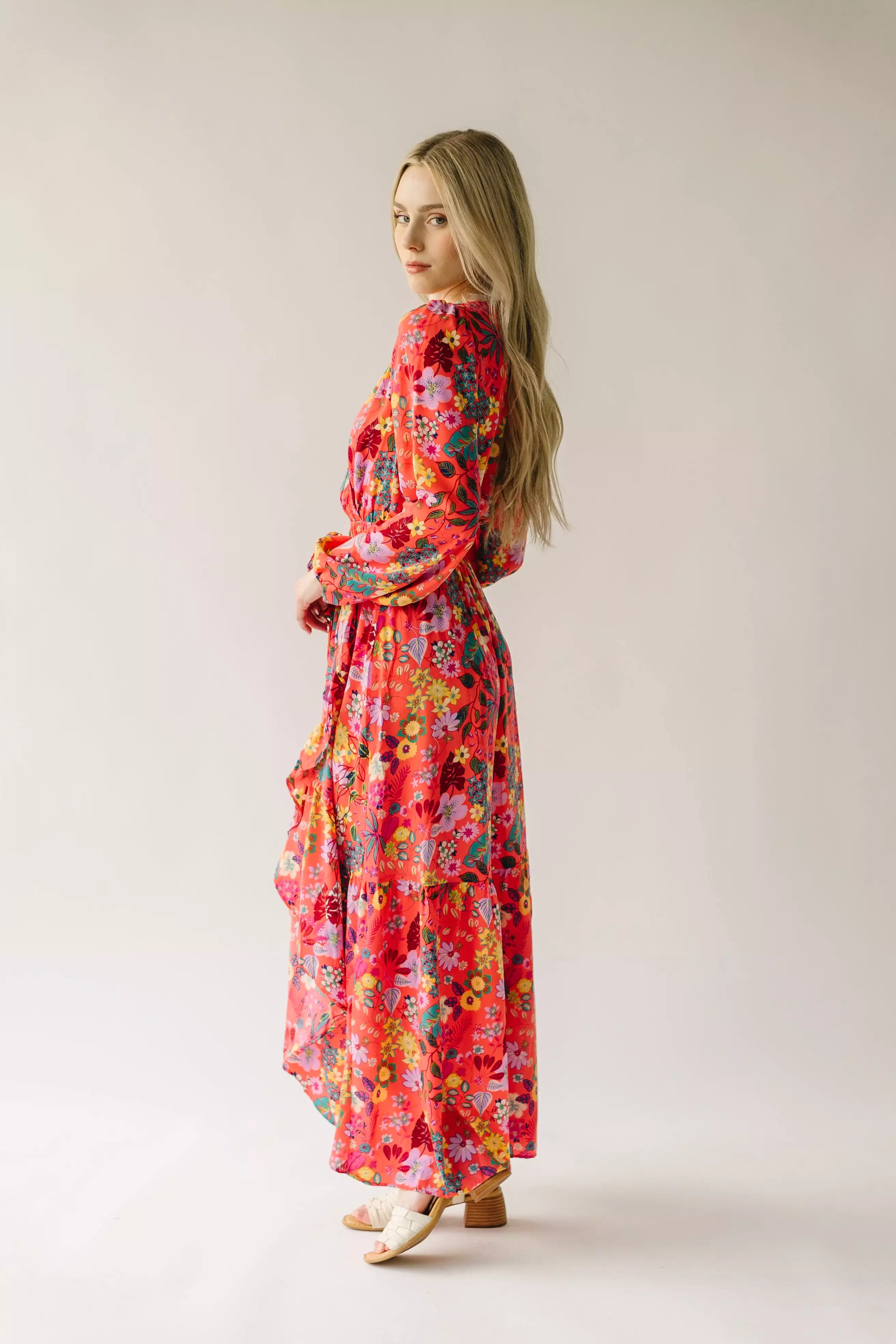 The Bracewell High-Low Maxi Dress in Coral