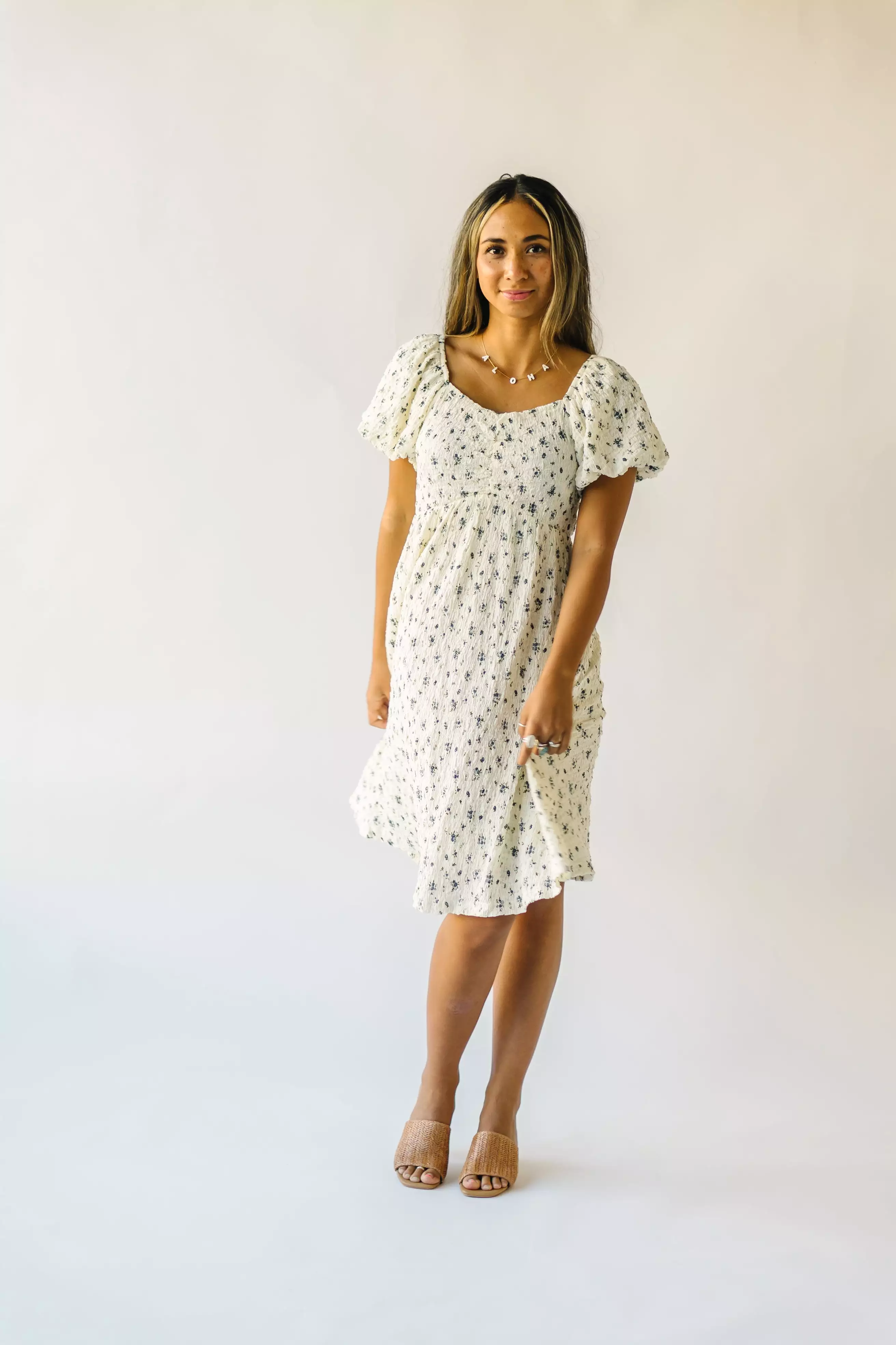 The Breckin Textured Dress in Ivory + Blue