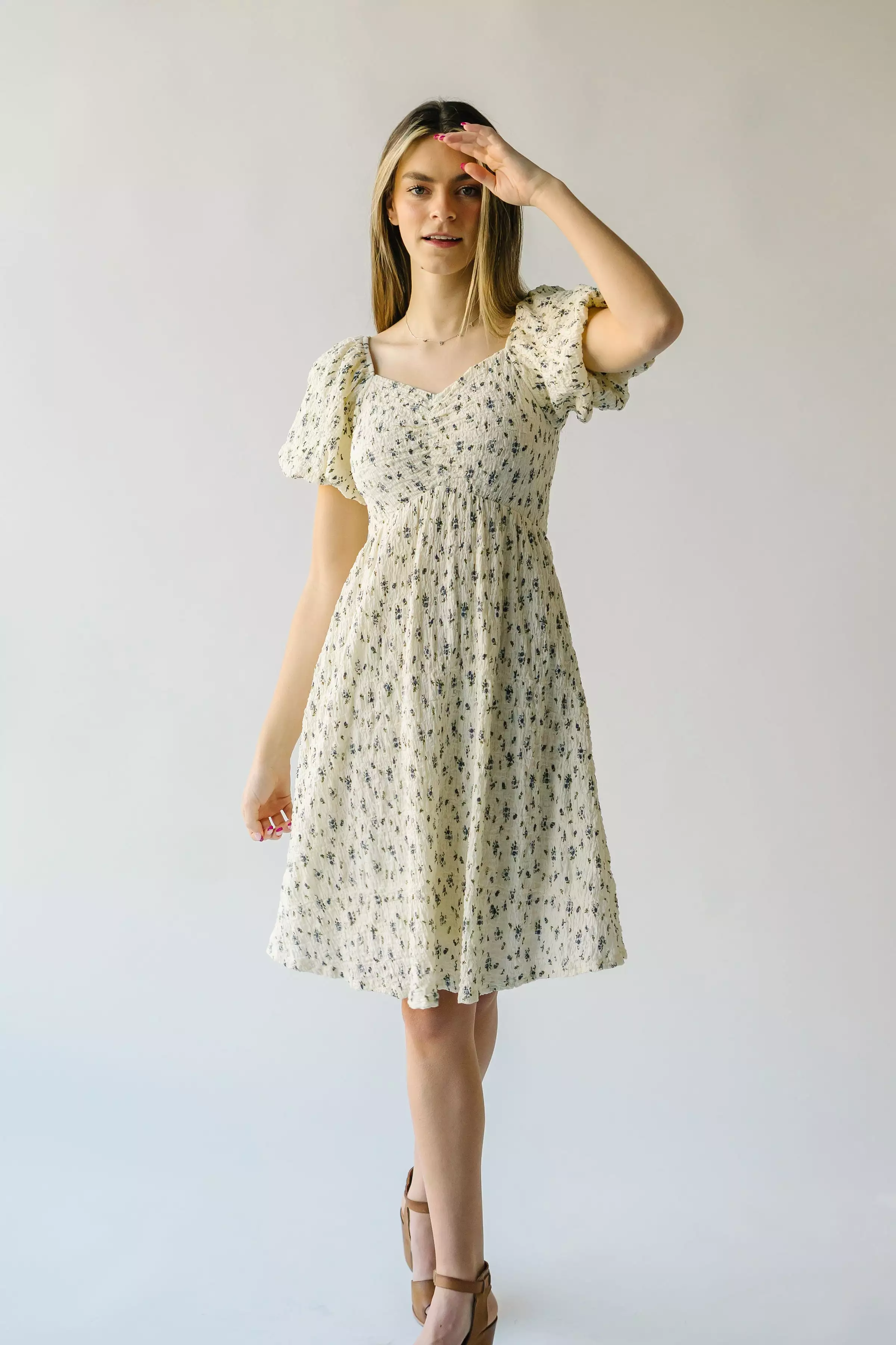 The Breckin Textured Dress in Ivory + Blue