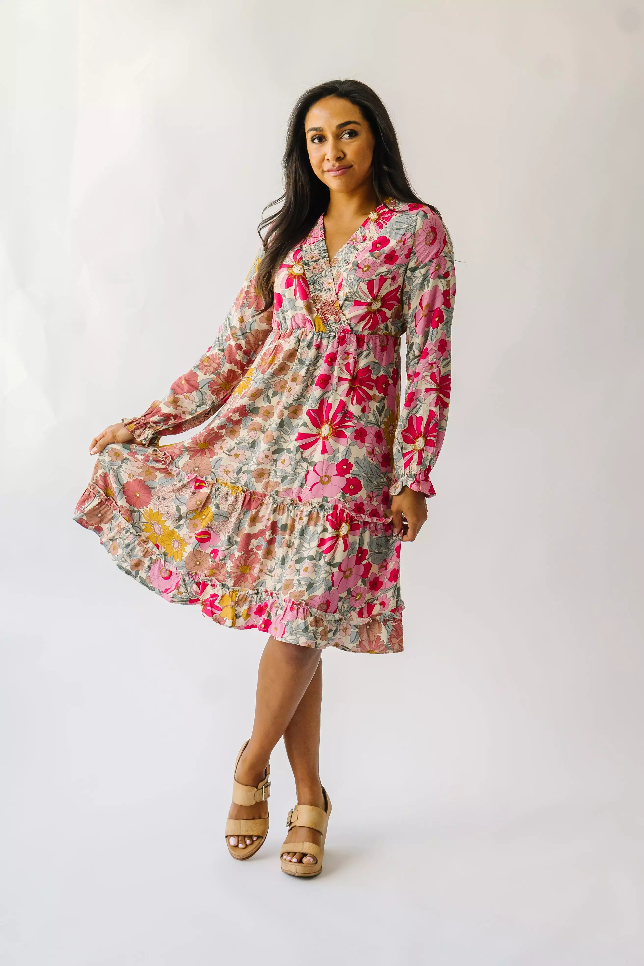 The Burnsville Smocked Detail Dress in Sherbet Pink Floral