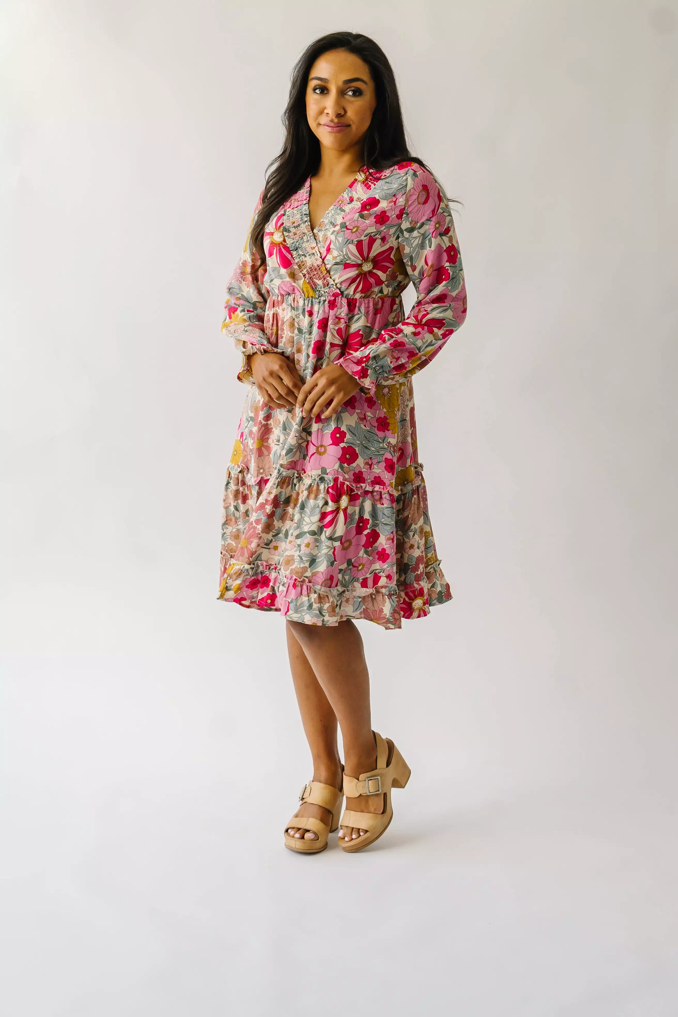 The Burnsville Smocked Detail Dress in Sherbet Pink Floral