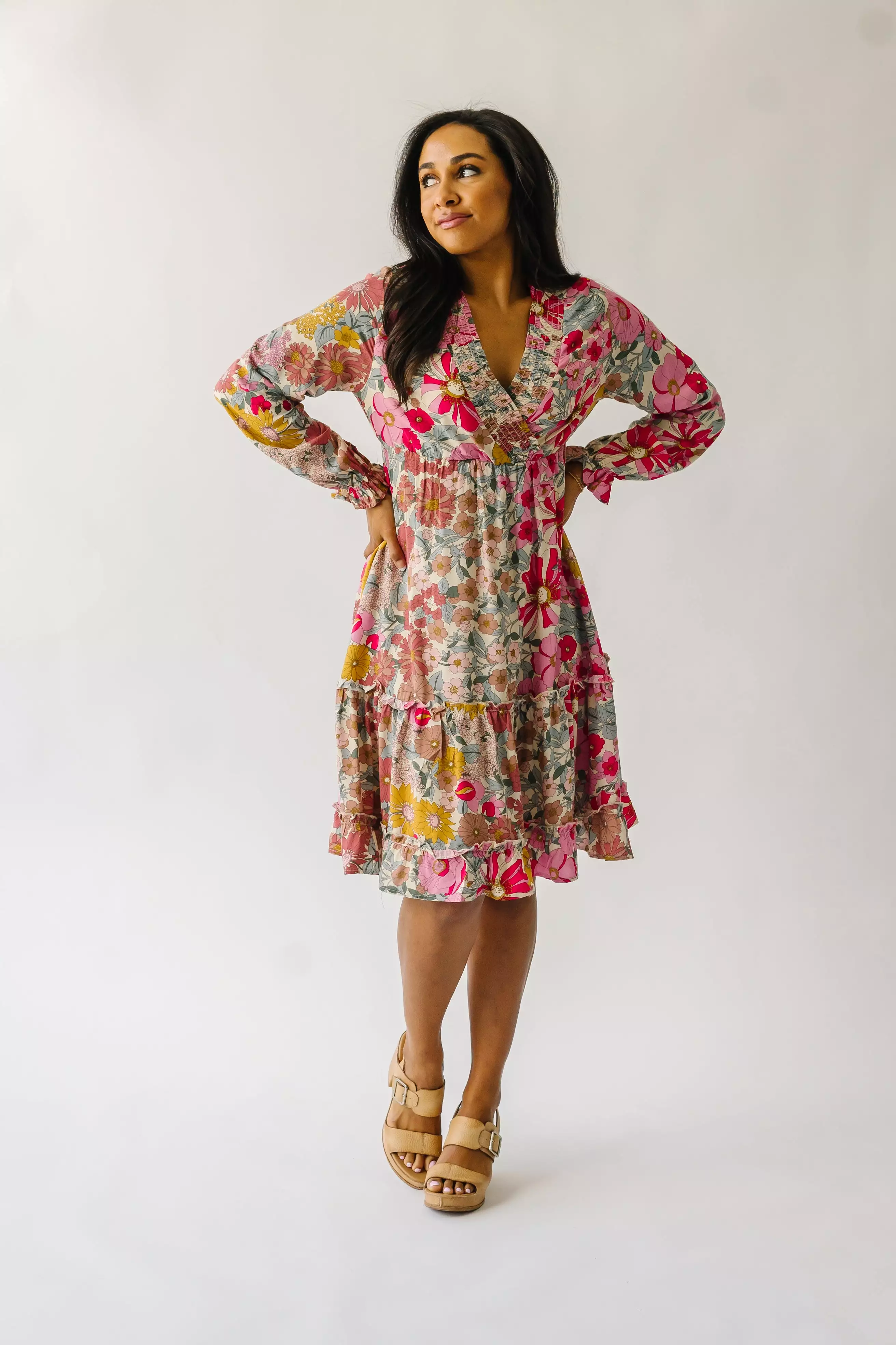 The Burnsville Smocked Detail Dress in Sherbet Pink Floral