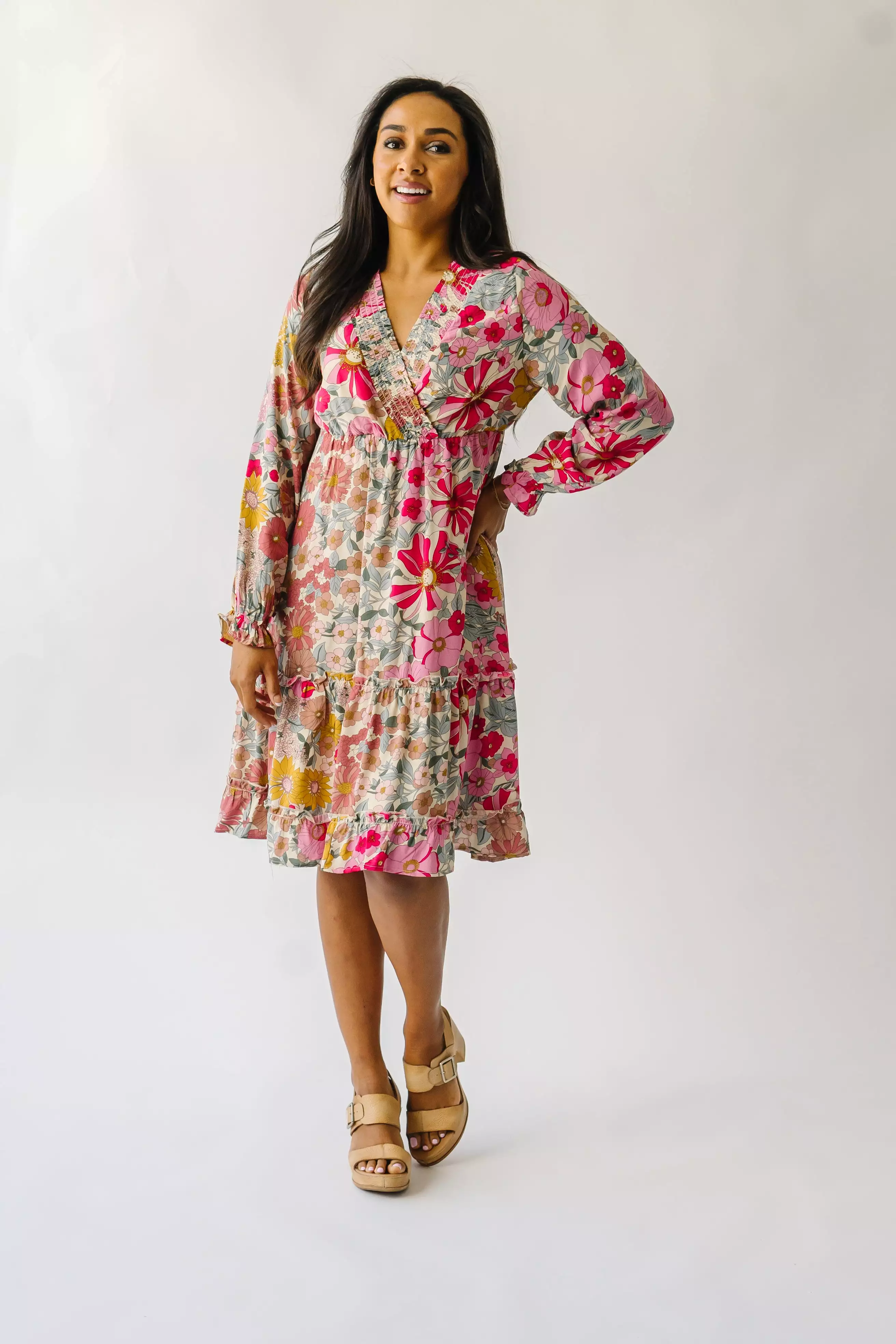 The Burnsville Smocked Detail Dress in Sherbet Pink Floral