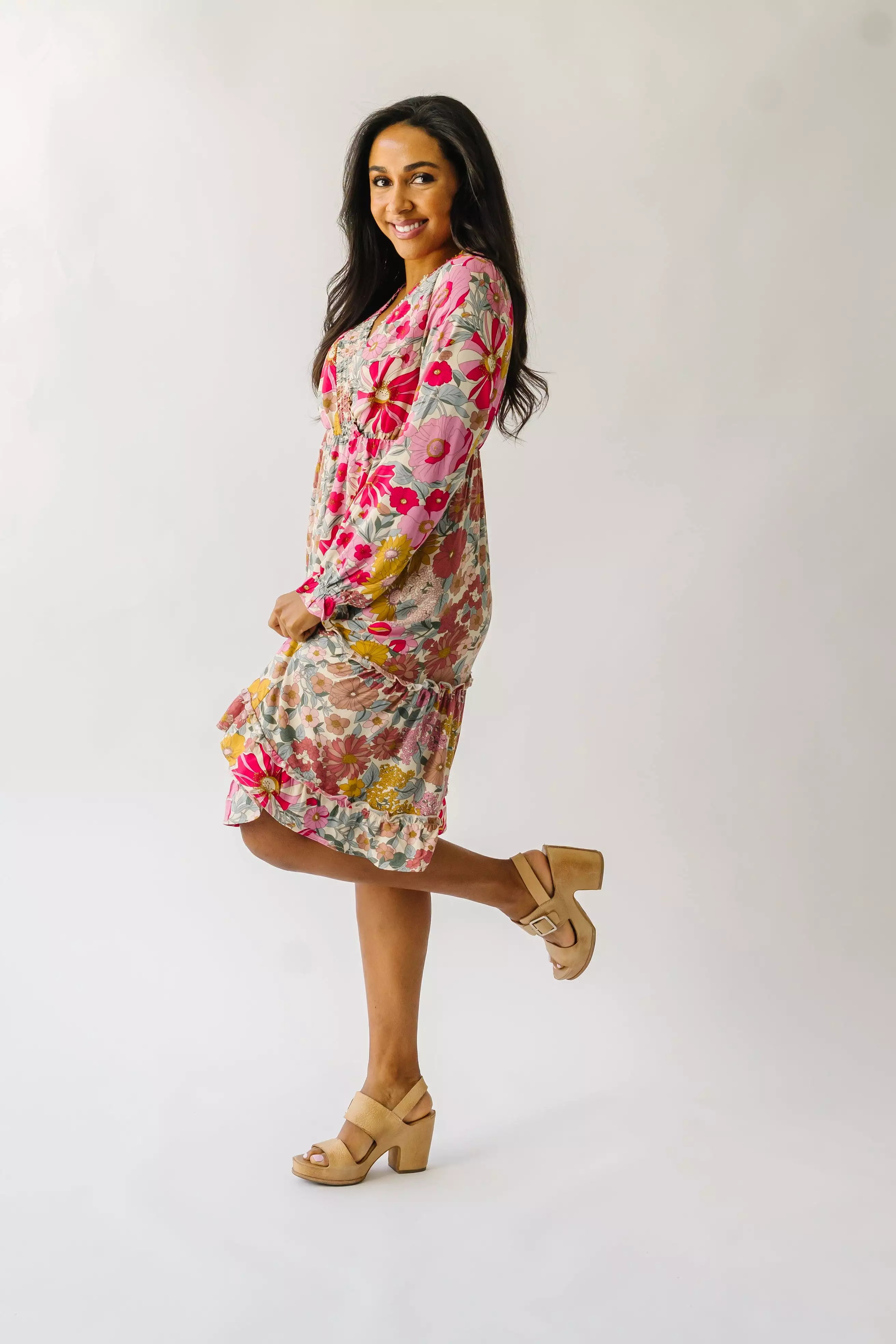 The Burnsville Smocked Detail Dress in Sherbet Pink Floral