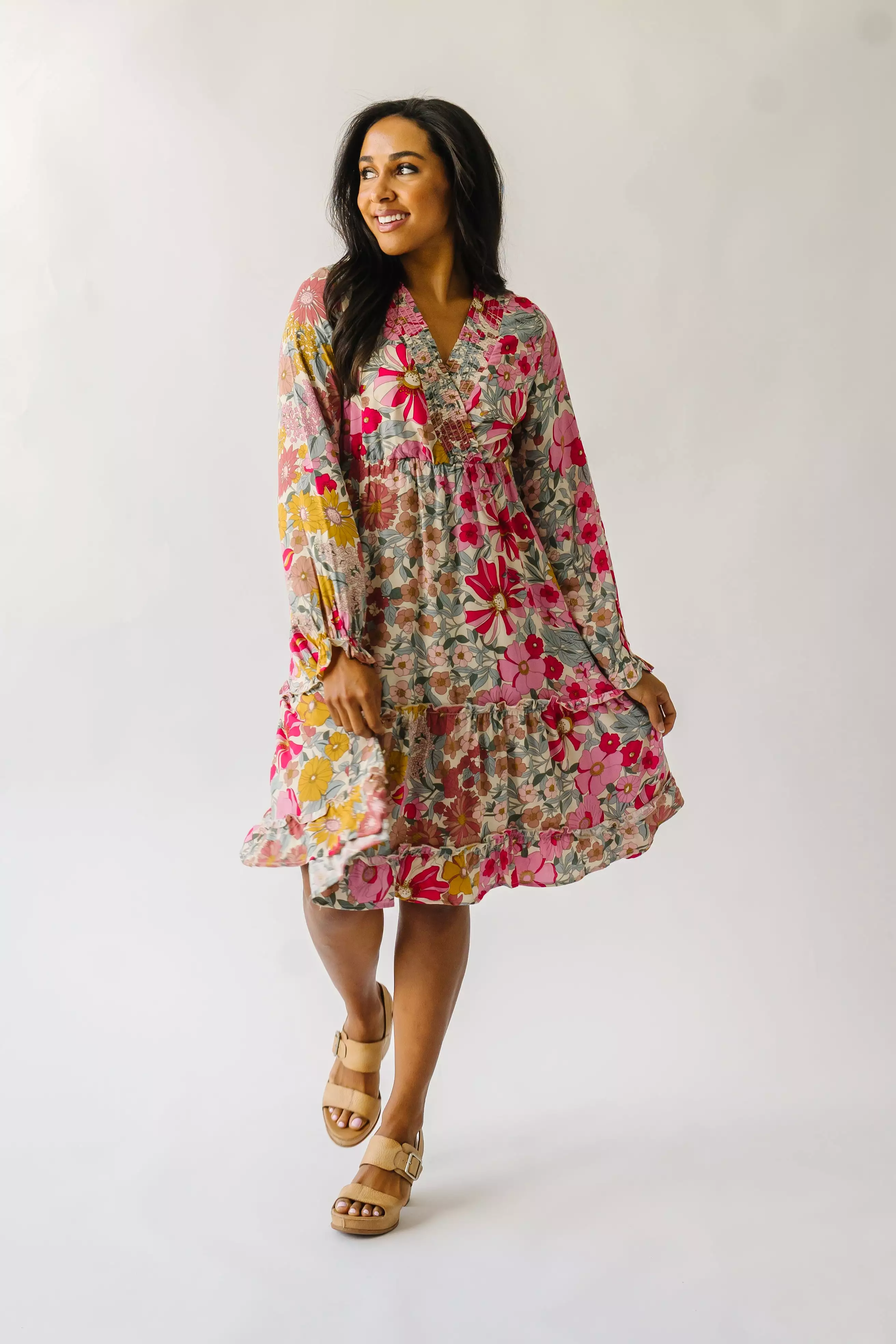 The Burnsville Smocked Detail Dress in Sherbet Pink Floral