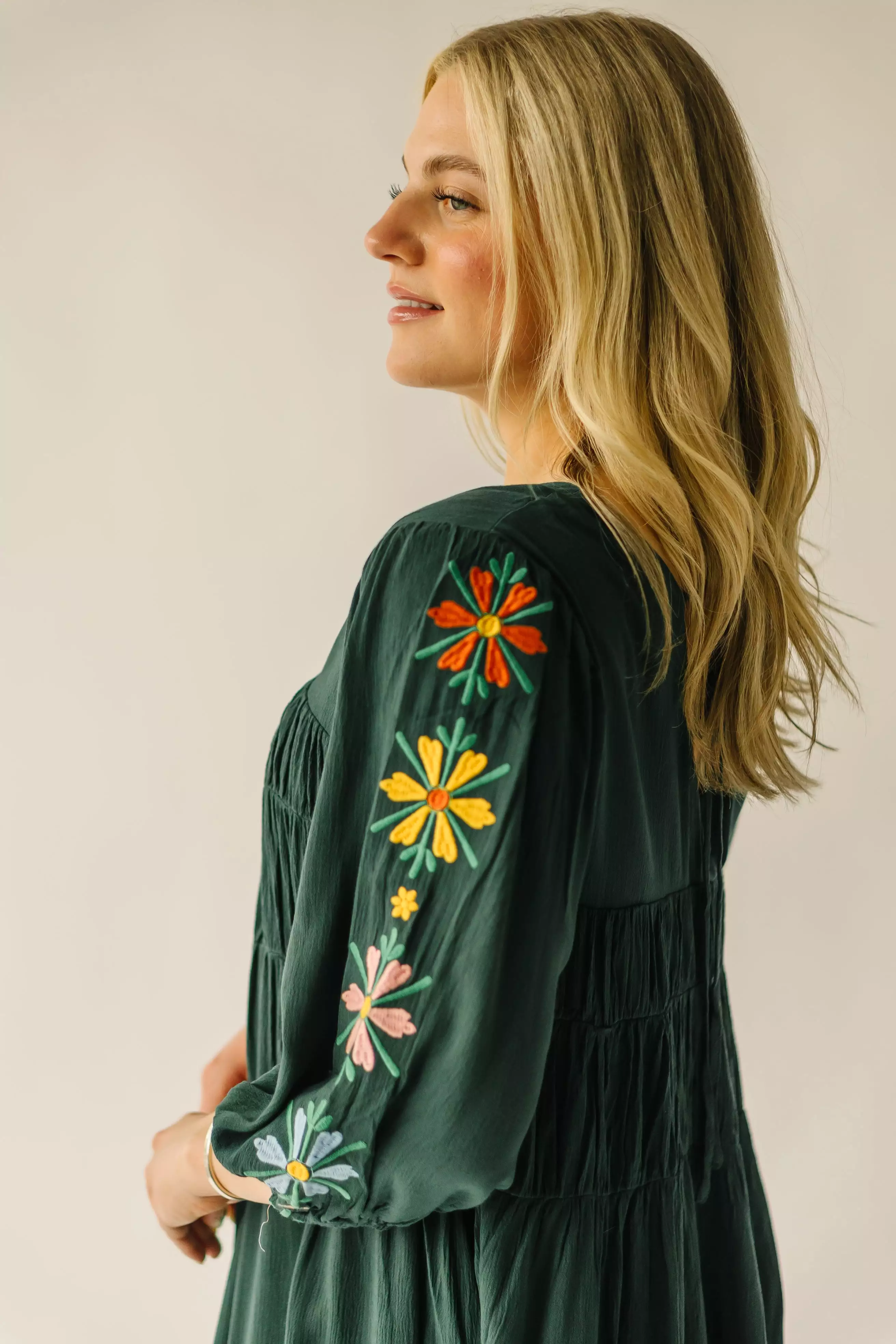 The Colewell Floral Embroidered Dress in Dark Green