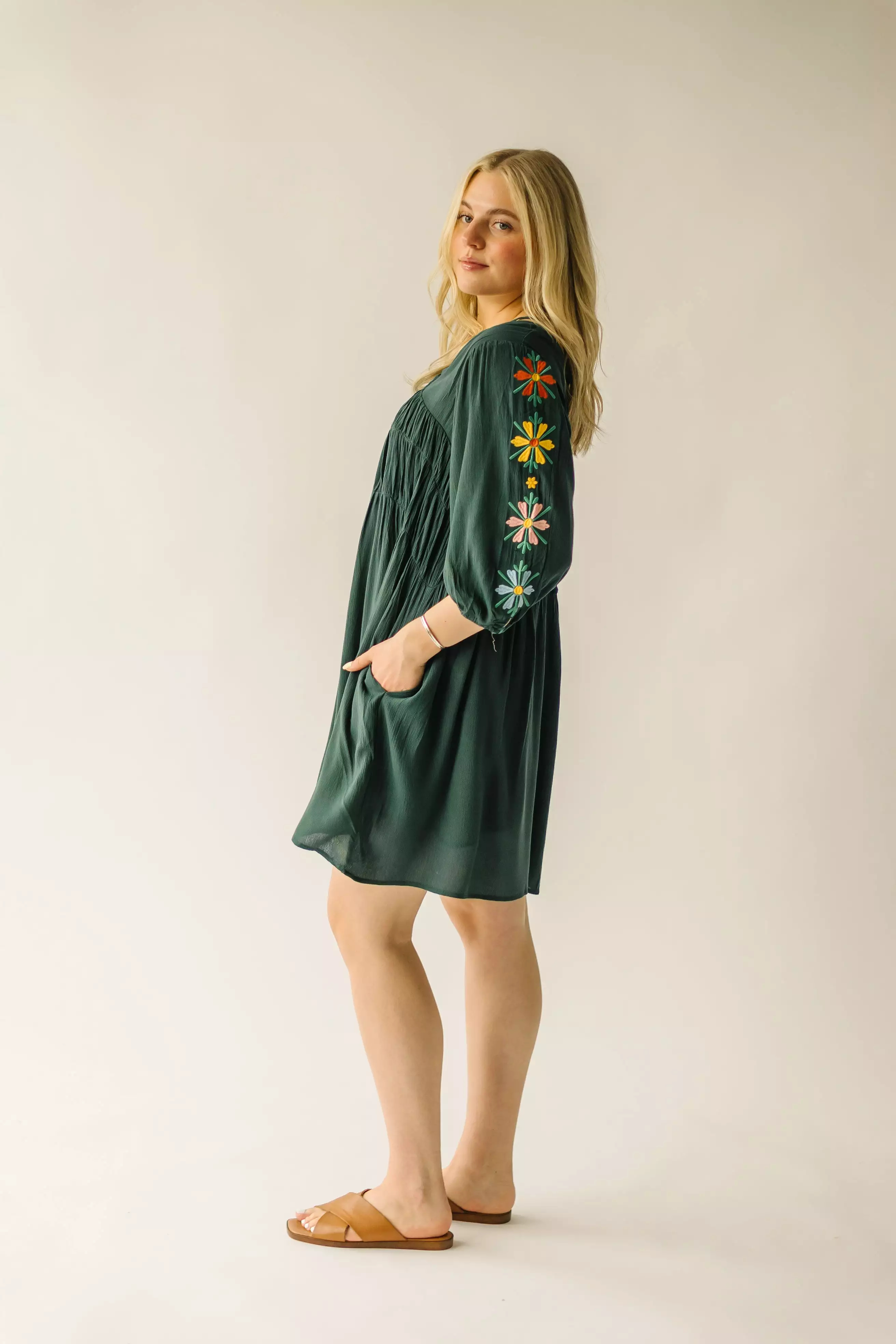 The Colewell Floral Embroidered Dress in Dark Green