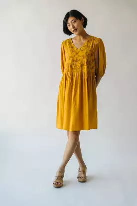 The Delaina Embroidered Floral Dress in Dark Mustard