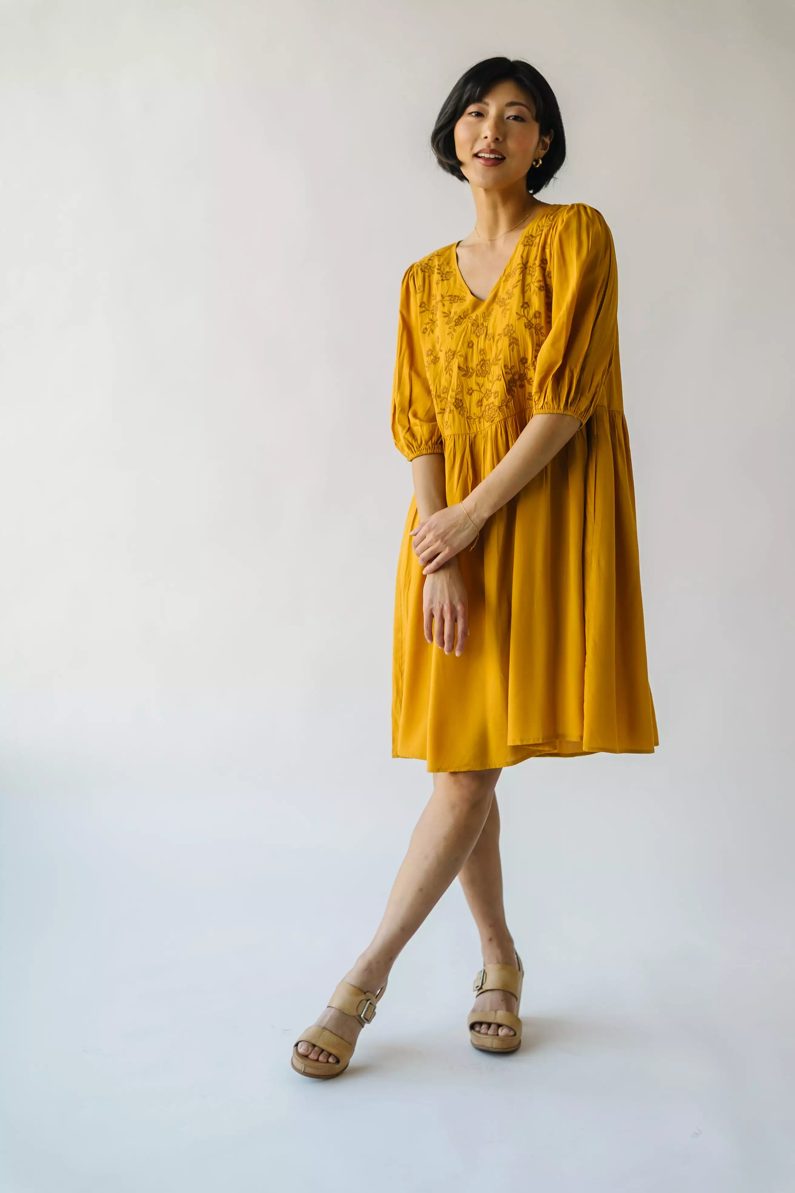 The Delaina Embroidered Floral Dress in Dark Mustard