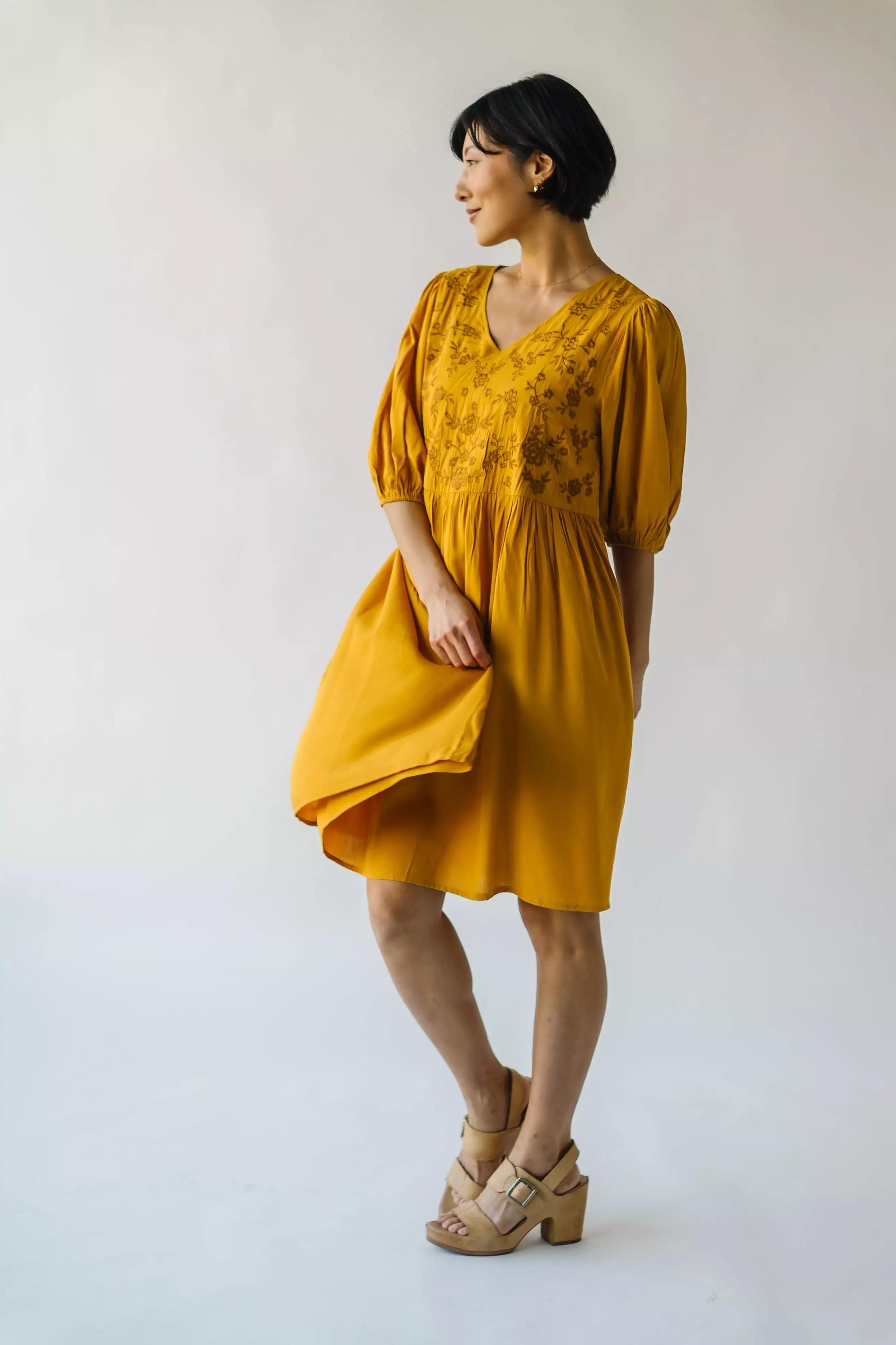 The Delaina Embroidered Floral Dress in Dark Mustard