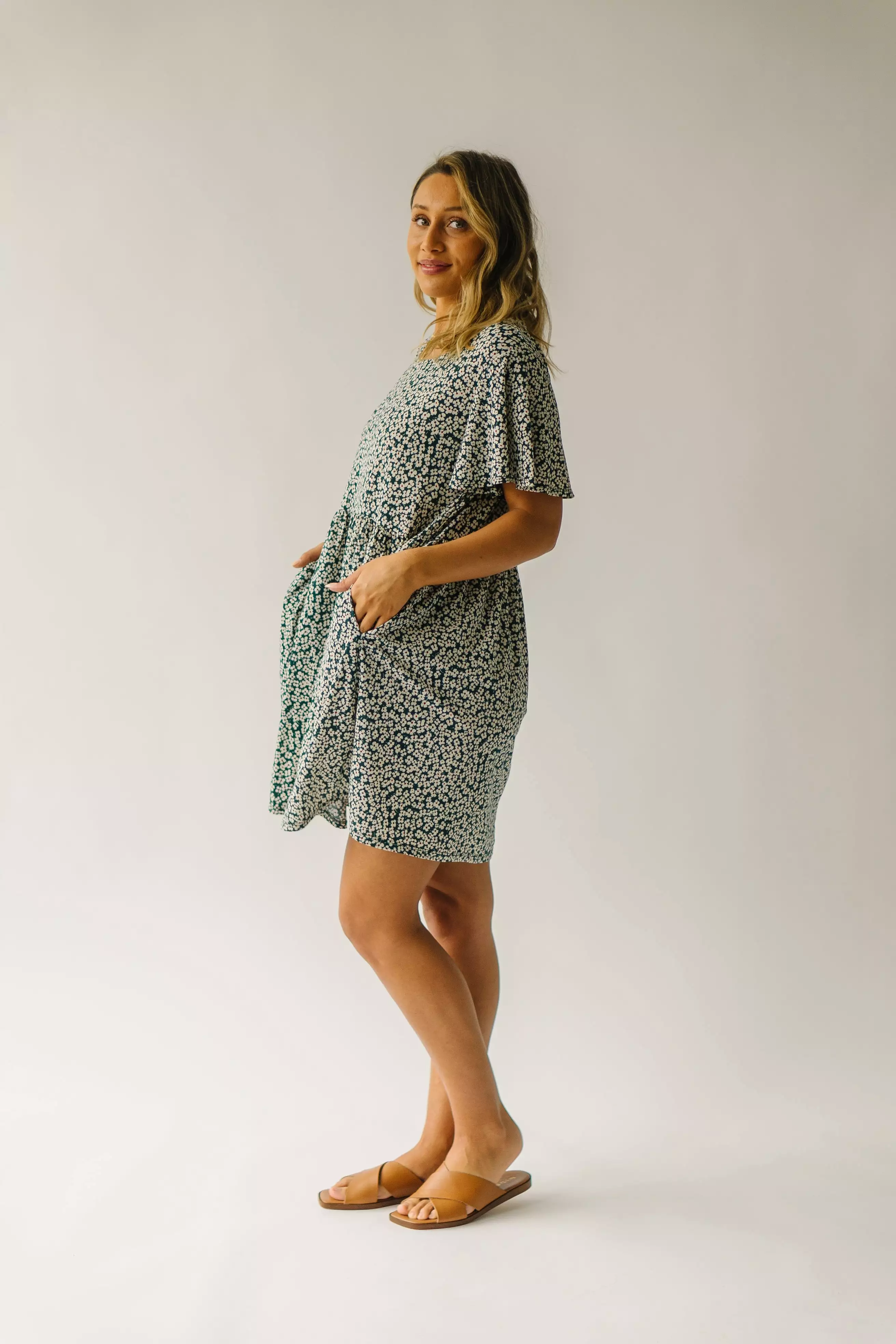 The Egan Flutter Sleeve Floral Dress in Hunter Green