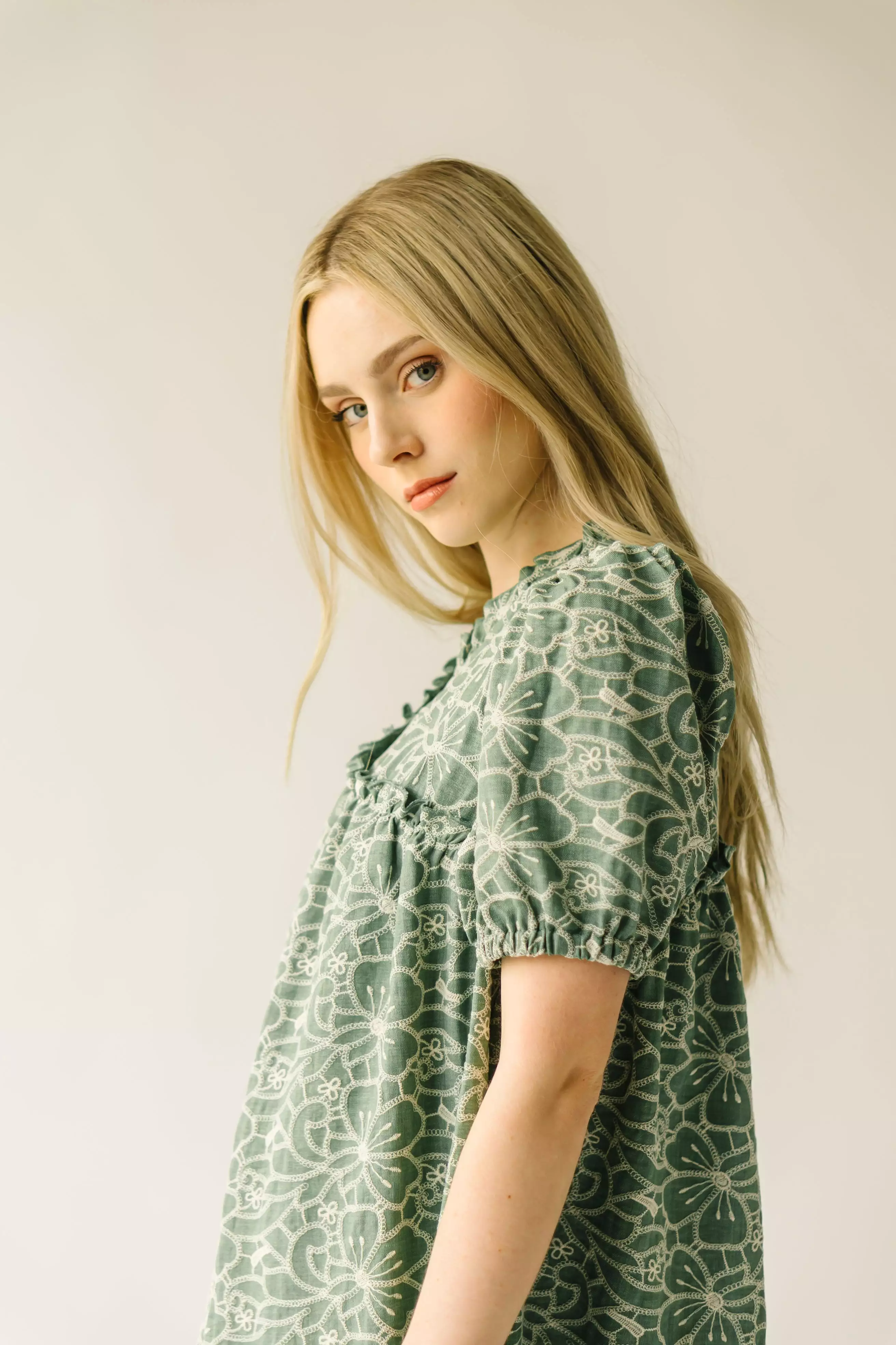 The Enfield Asymmetrical Embroidered Dress in Green