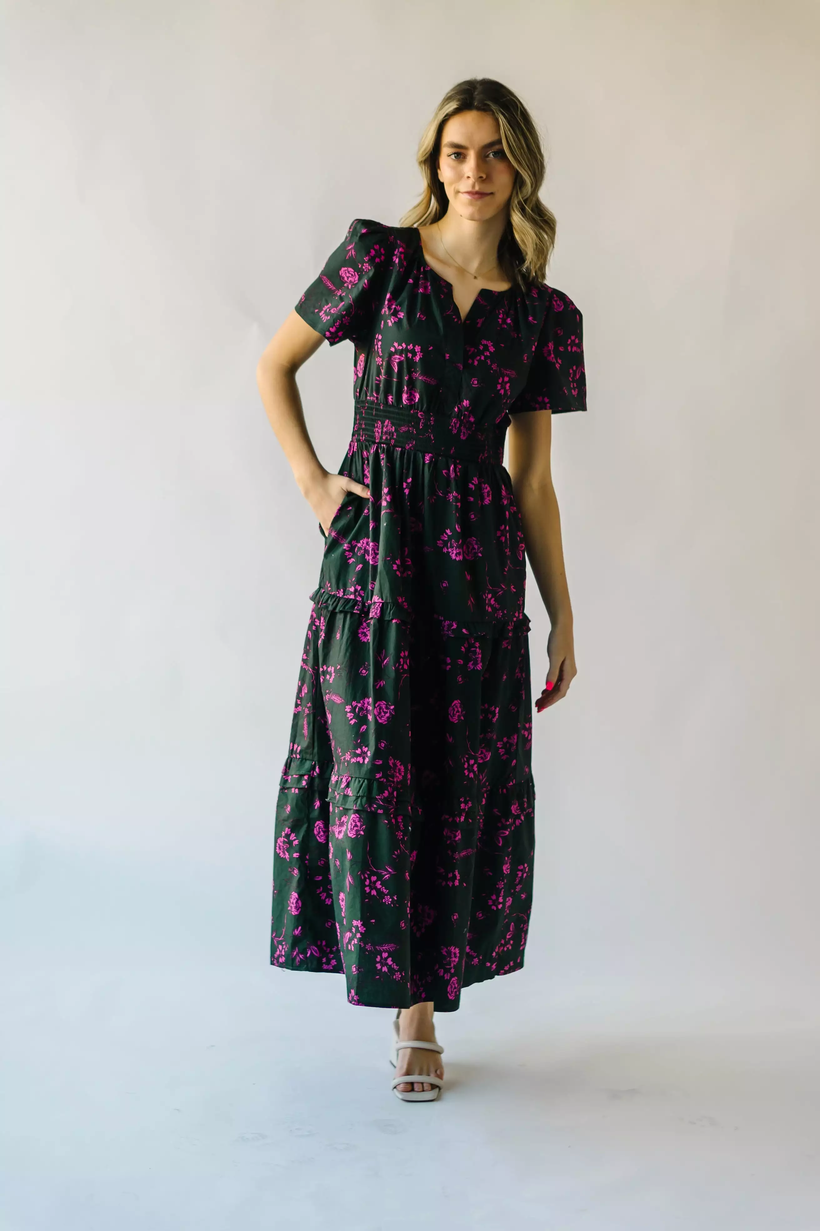 The Grayling Poplin Tiered Maxi Dress in Forrest Pink