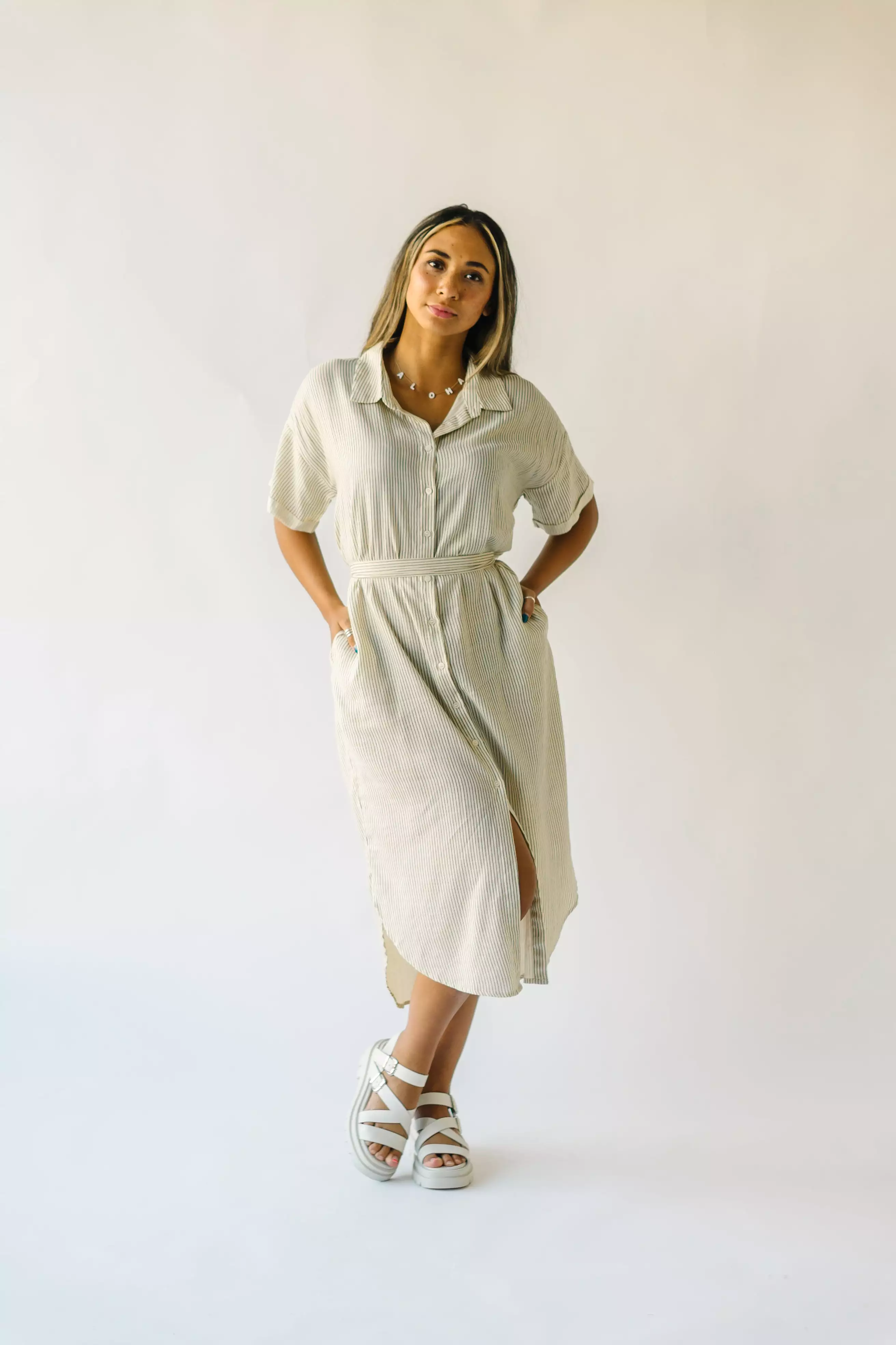 The Harburn Striped Button-Down Dress in Ivory + Black