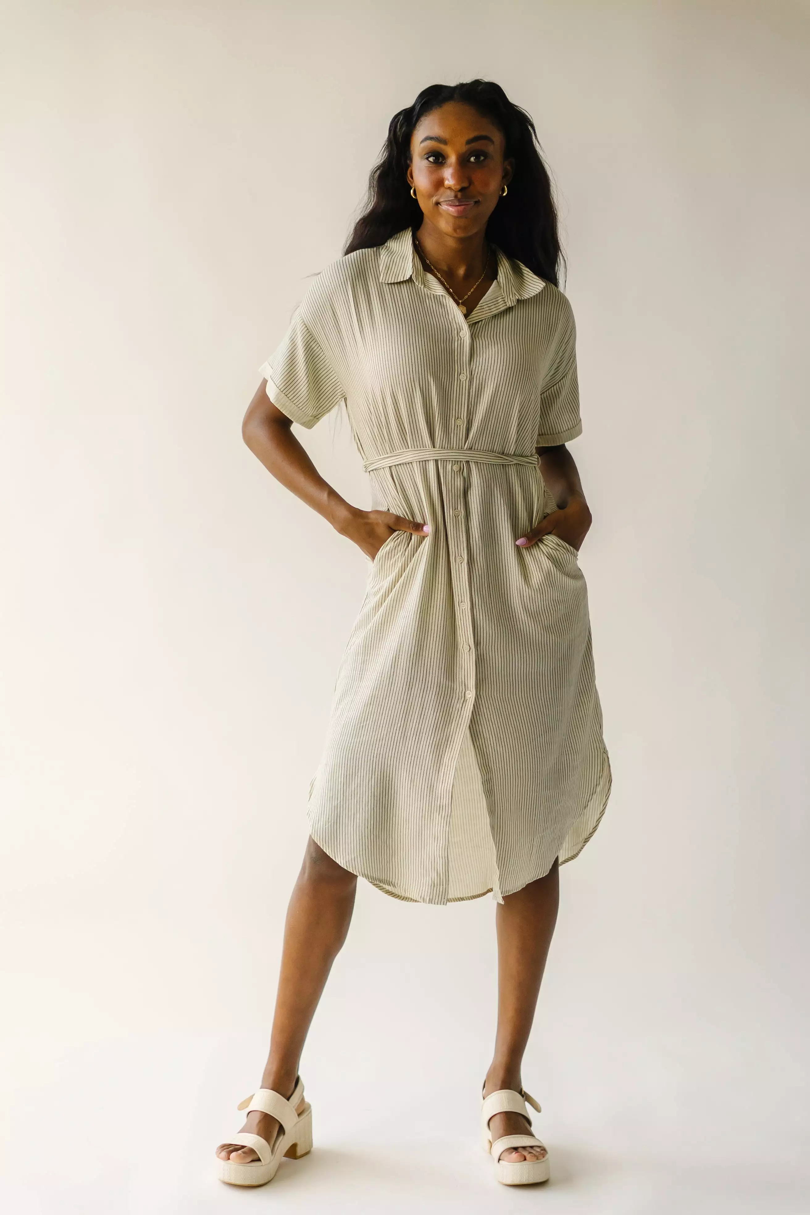 The Harburn Striped Button-Down Dress in Ivory + Black