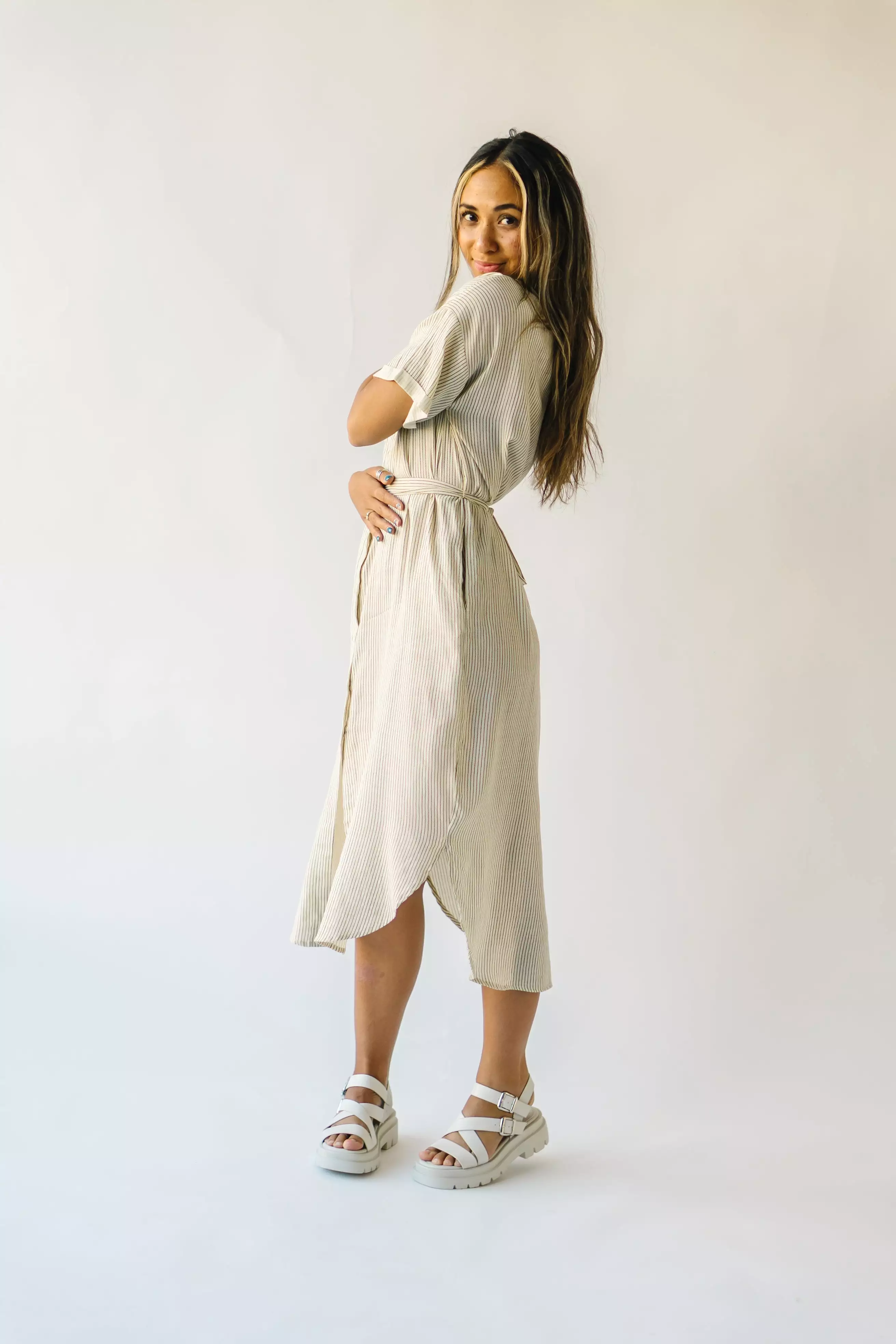 The Harburn Striped Button-Down Dress in Ivory + Black