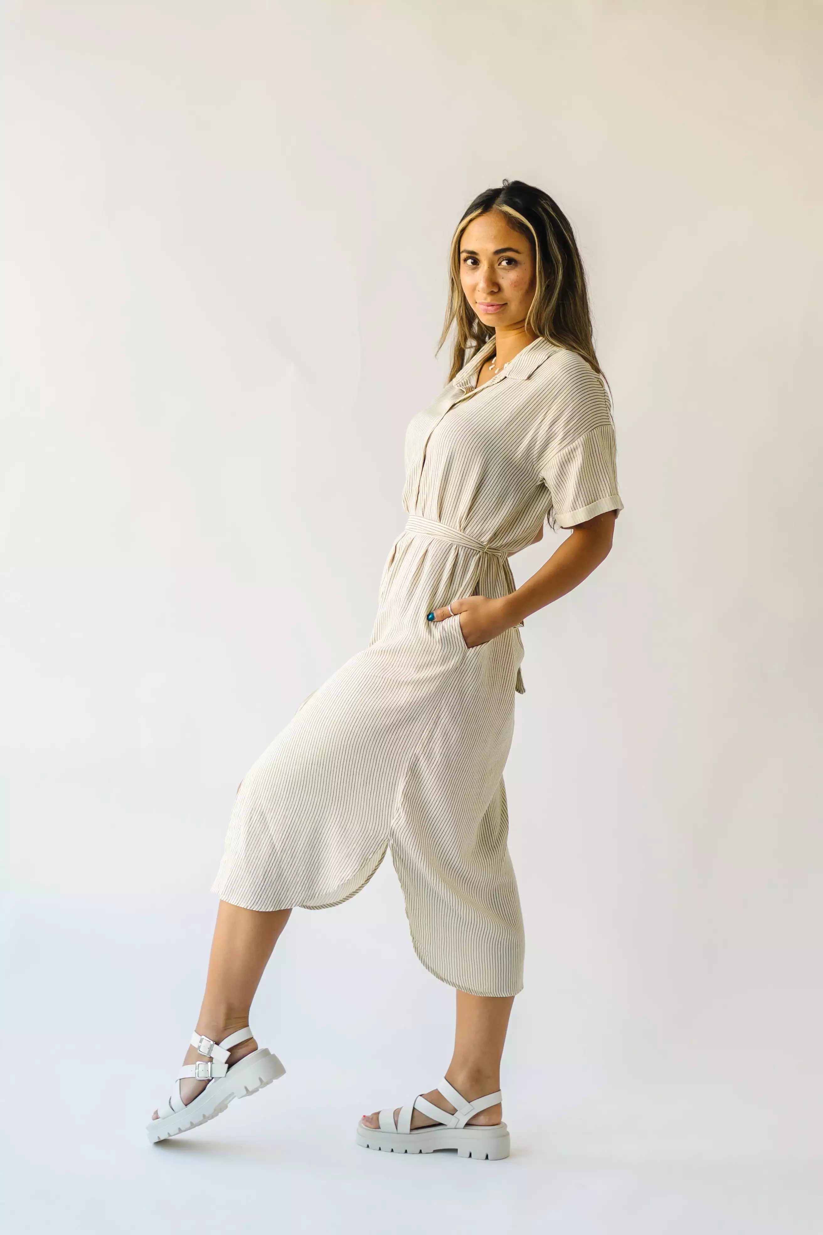 The Harburn Striped Button-Down Dress in Ivory + Black