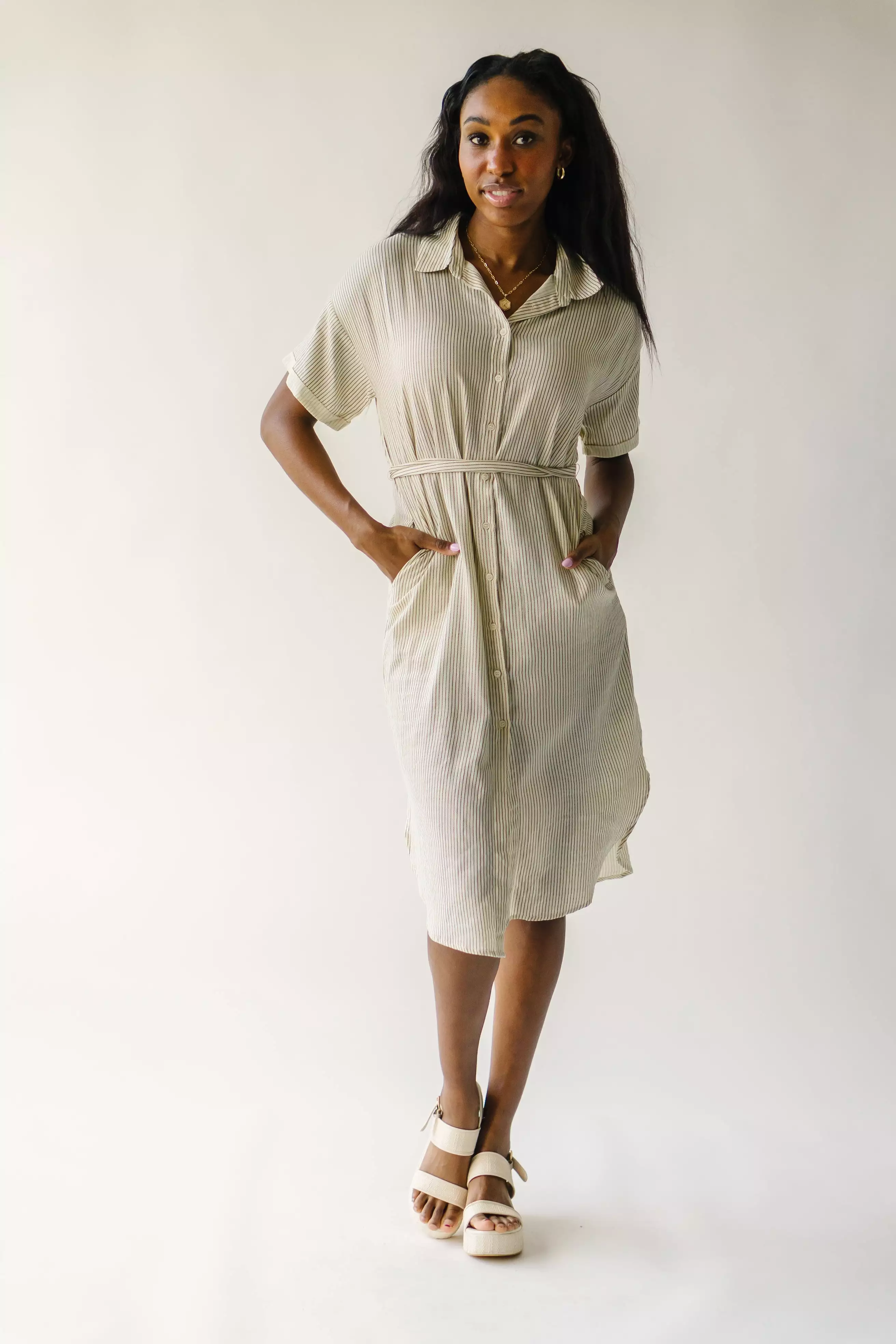 The Harburn Striped Button-Down Dress in Ivory + Black