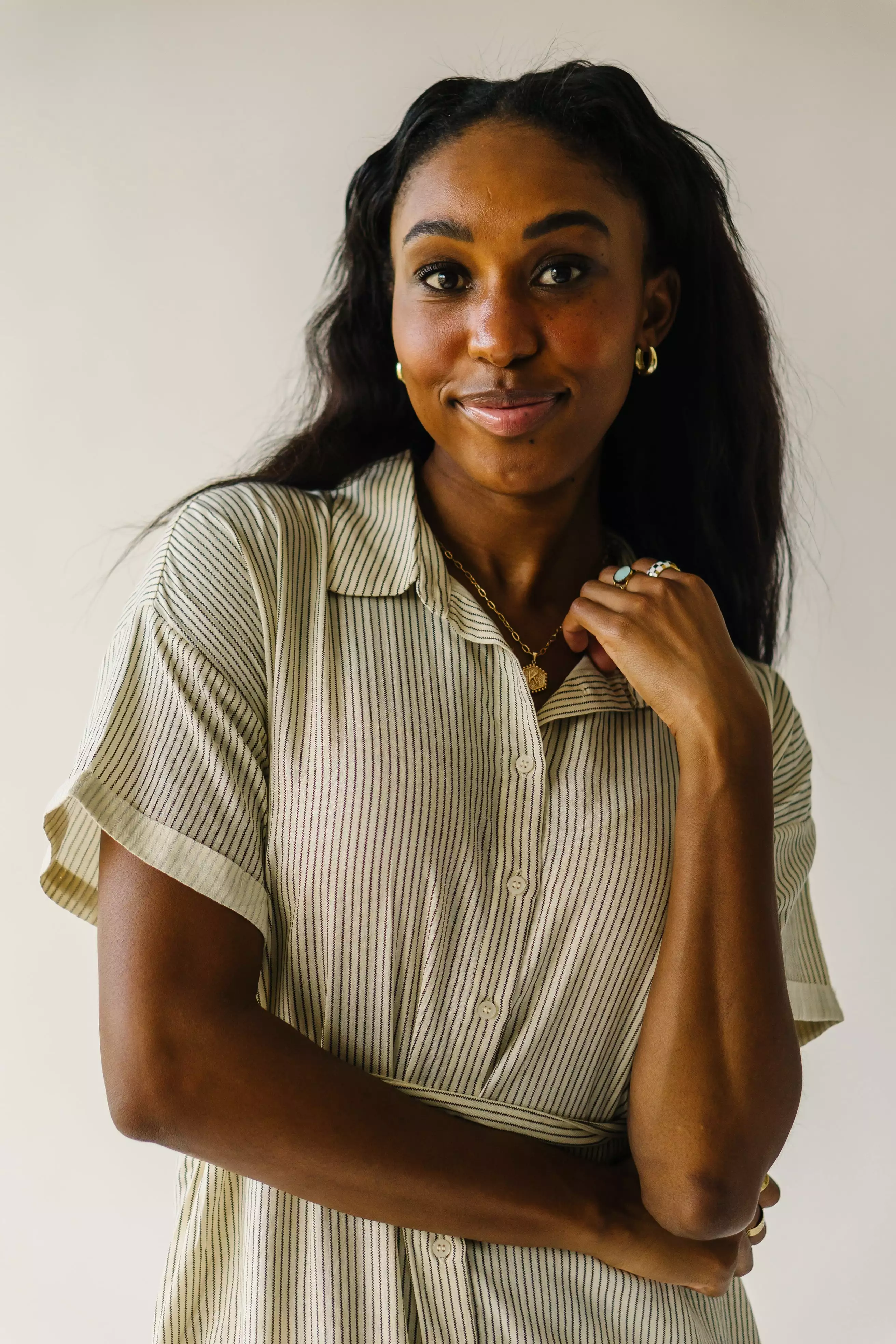 The Harburn Striped Button-Down Dress in Ivory + Black