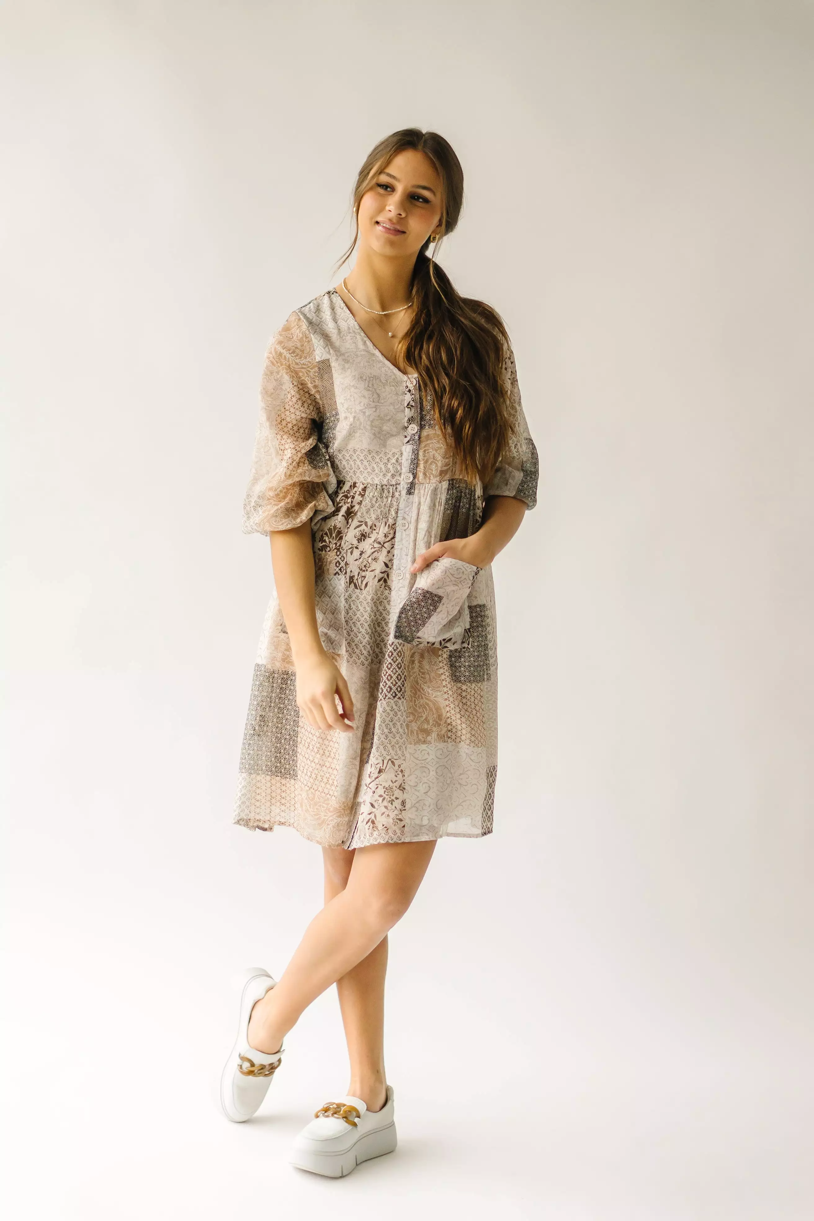 The Langford Paisley Patchwork Dress in Brown Multi