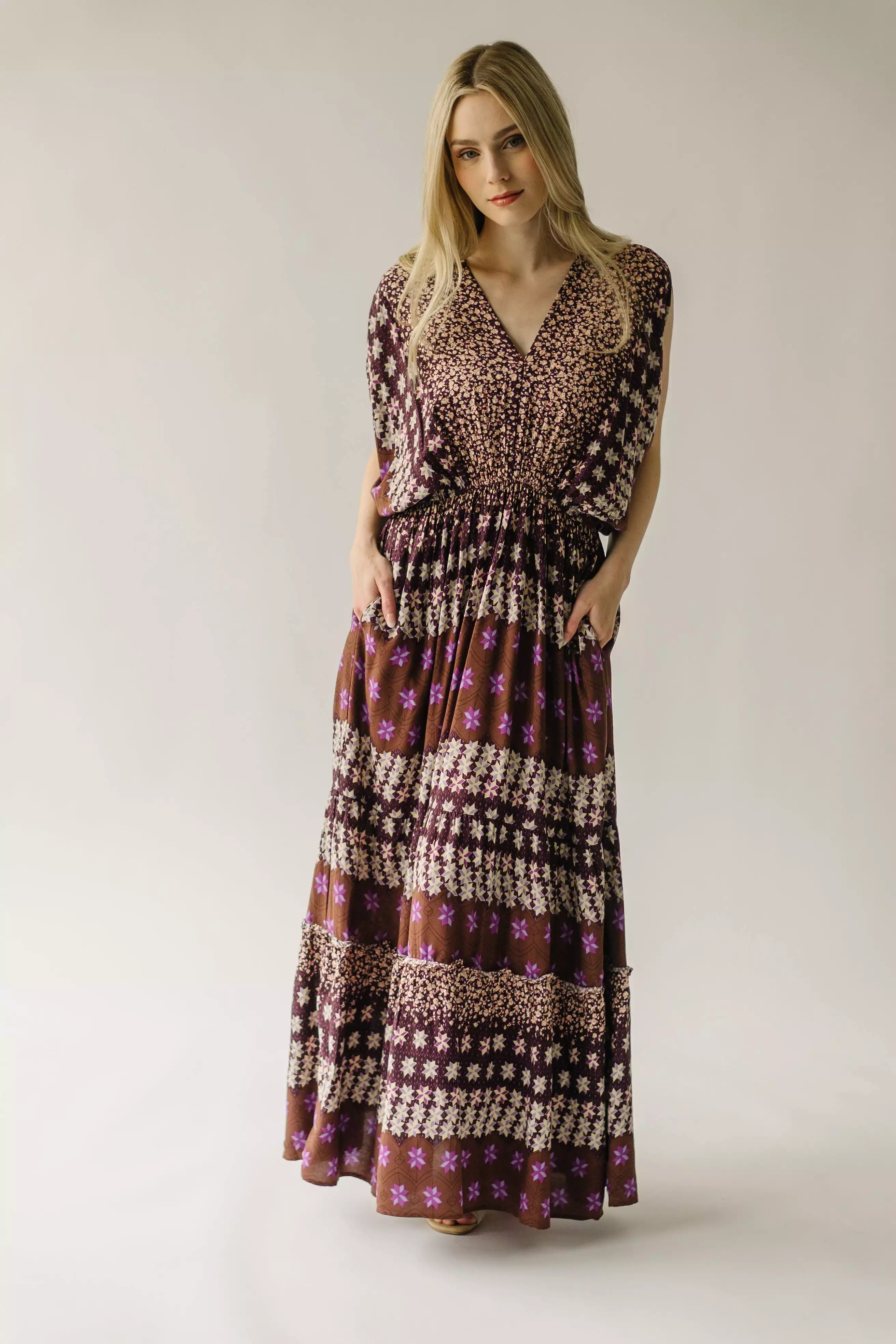 The Layman V-Neck Patterned Maxi Dress in Mocha