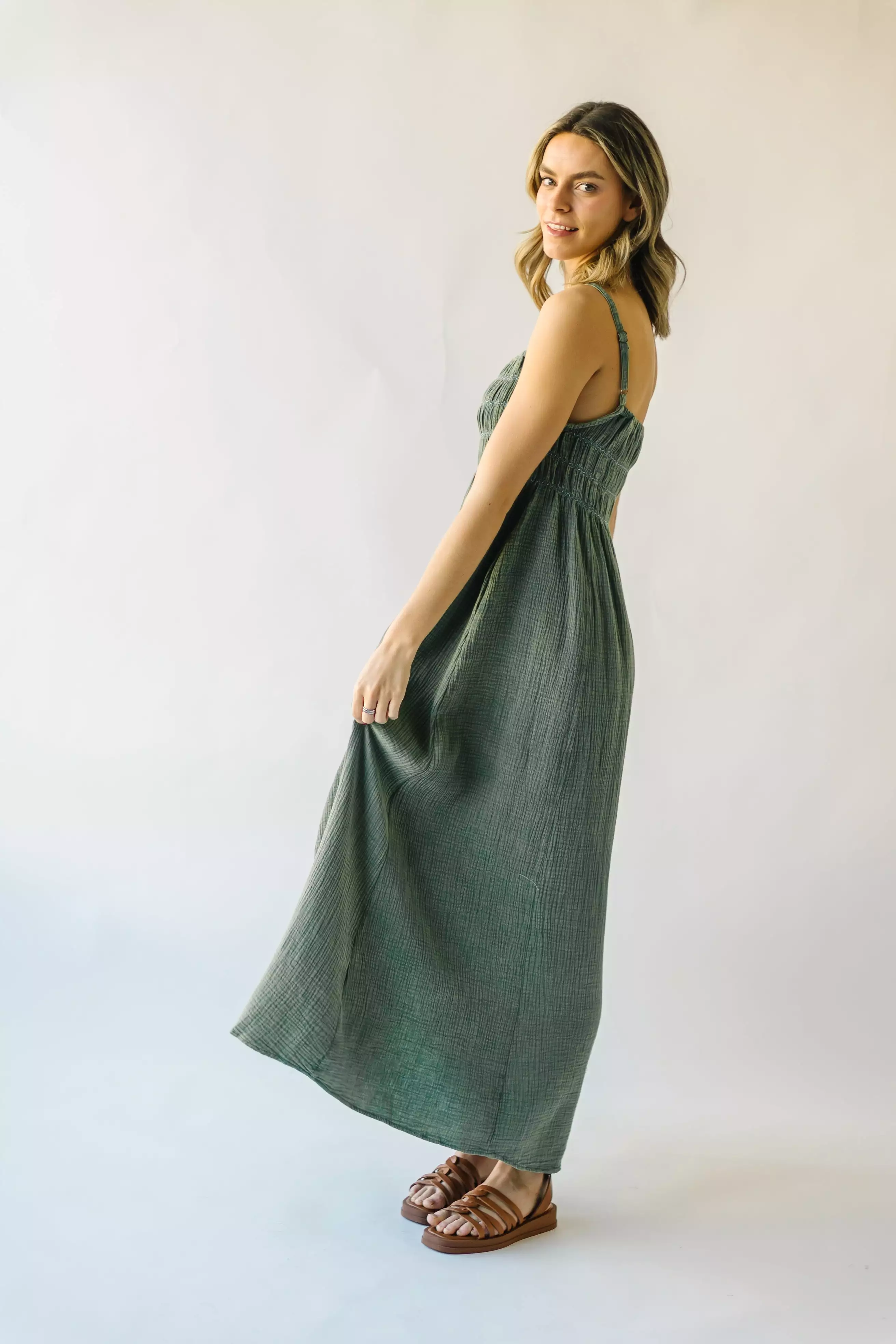 The Mansura Smocked Detail Dress in Sage