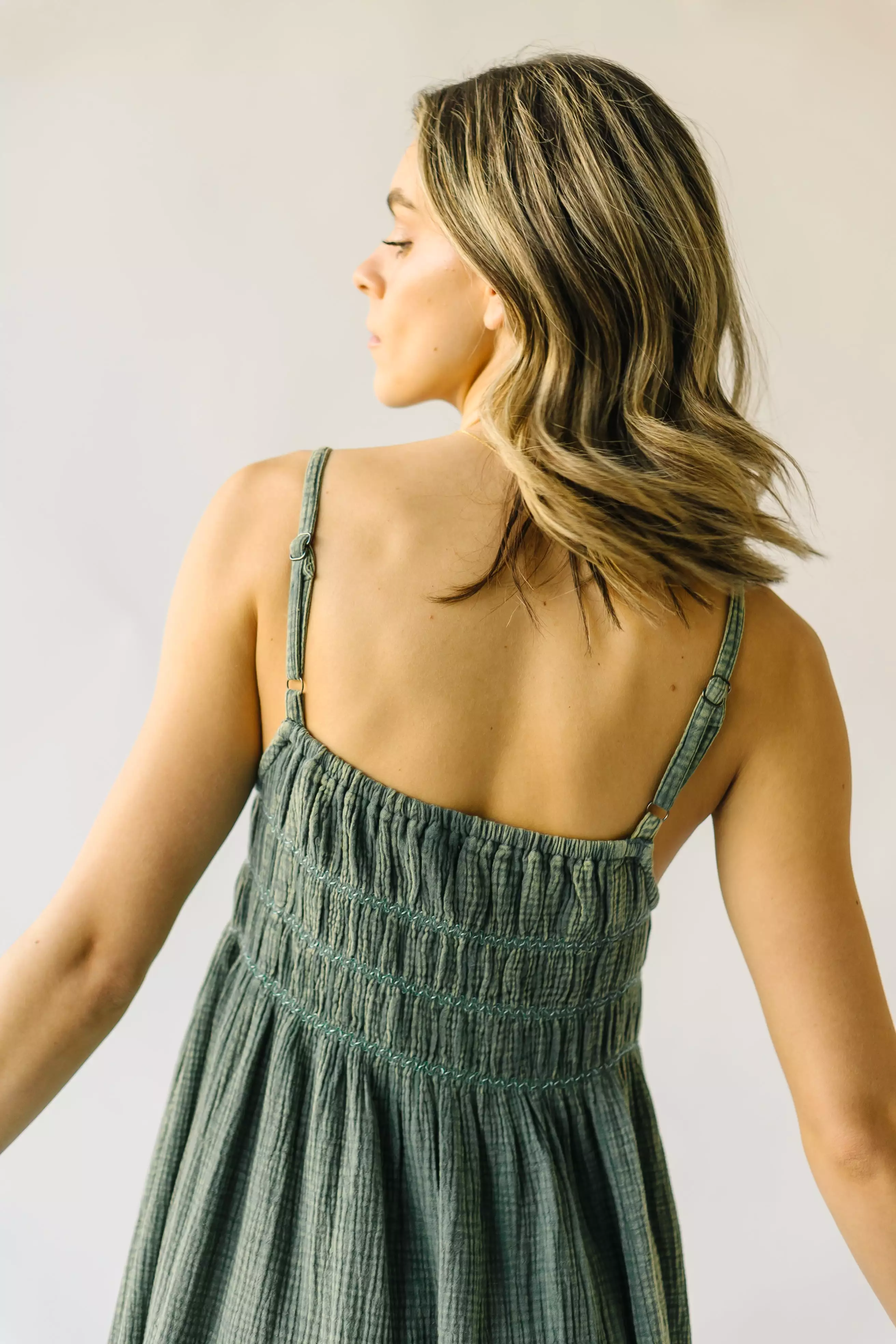 The Mansura Smocked Detail Dress in Sage