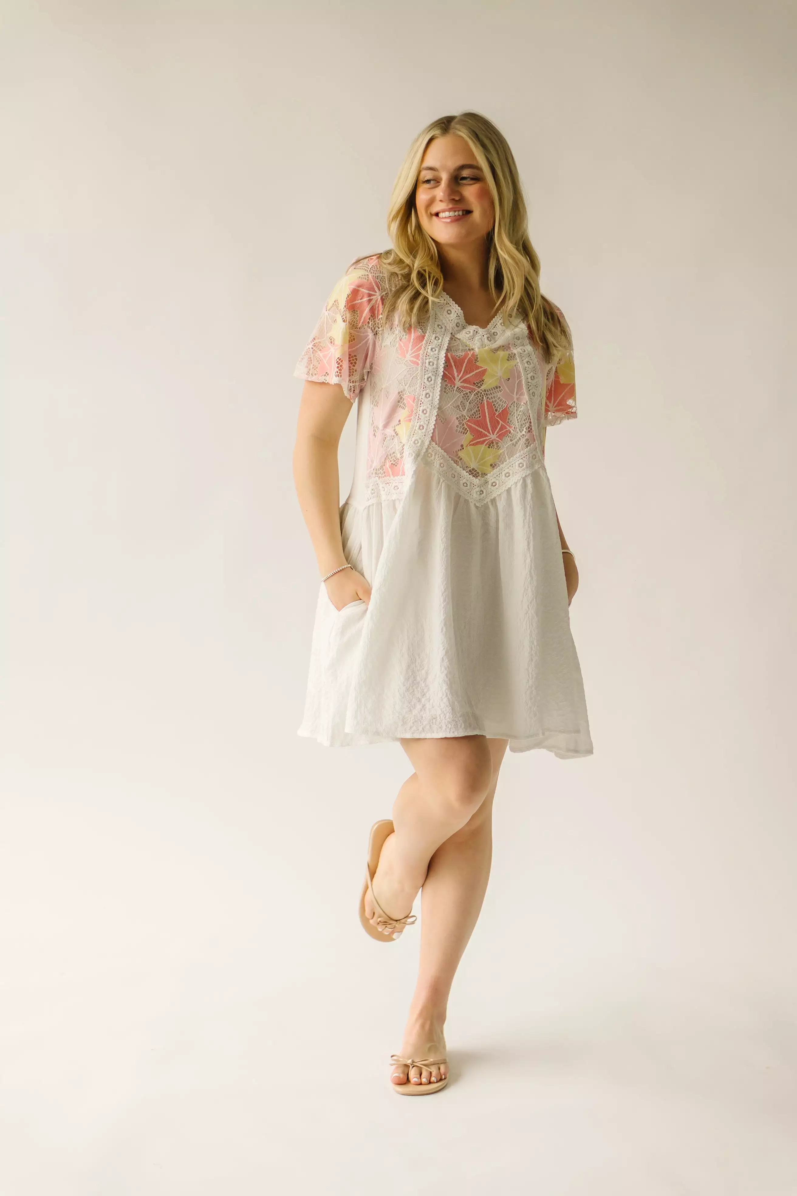 The Merrium Lace Detail Dress in White + Pink Multi