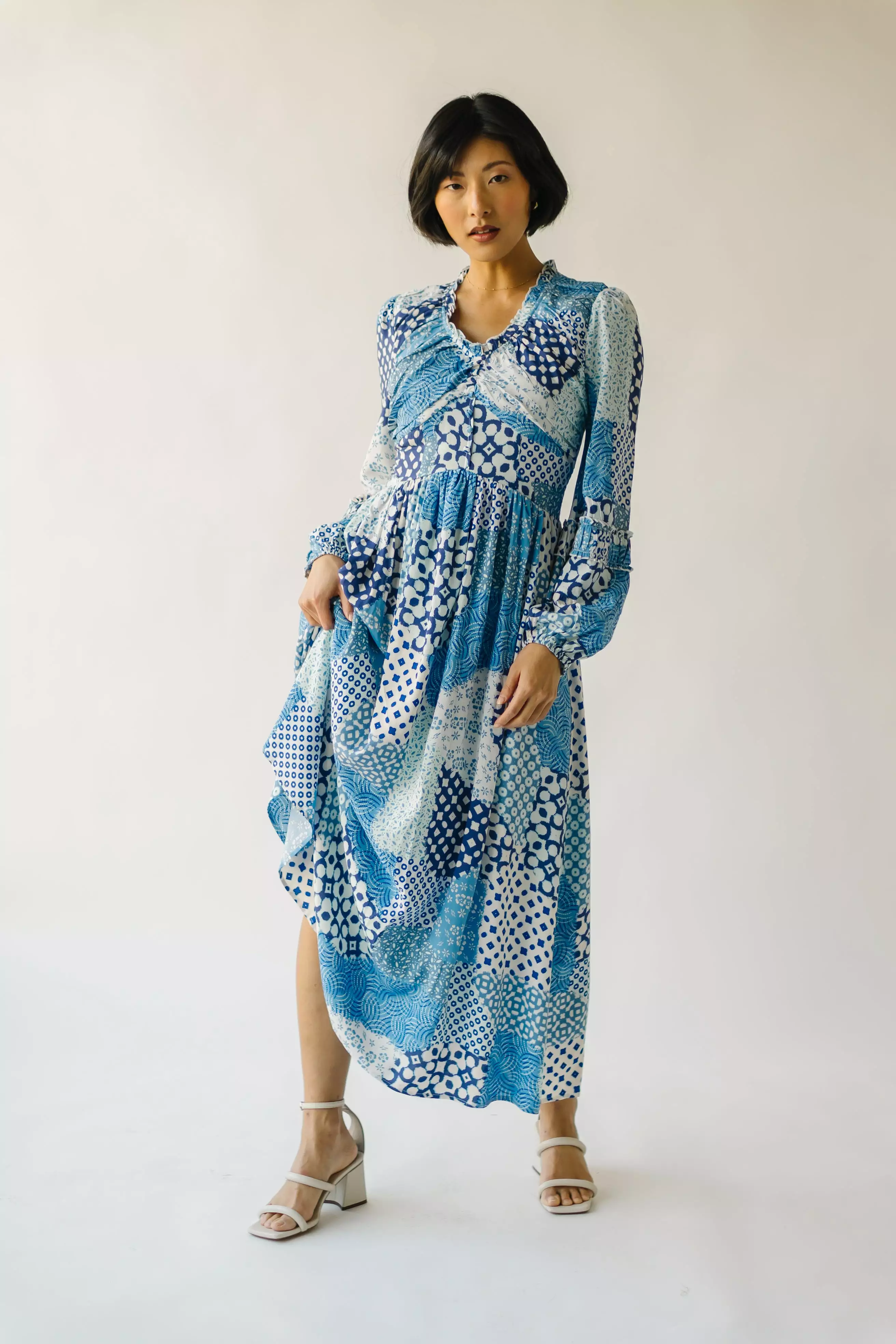 The Morven Patchwork Maxi Dress in Blue Multi