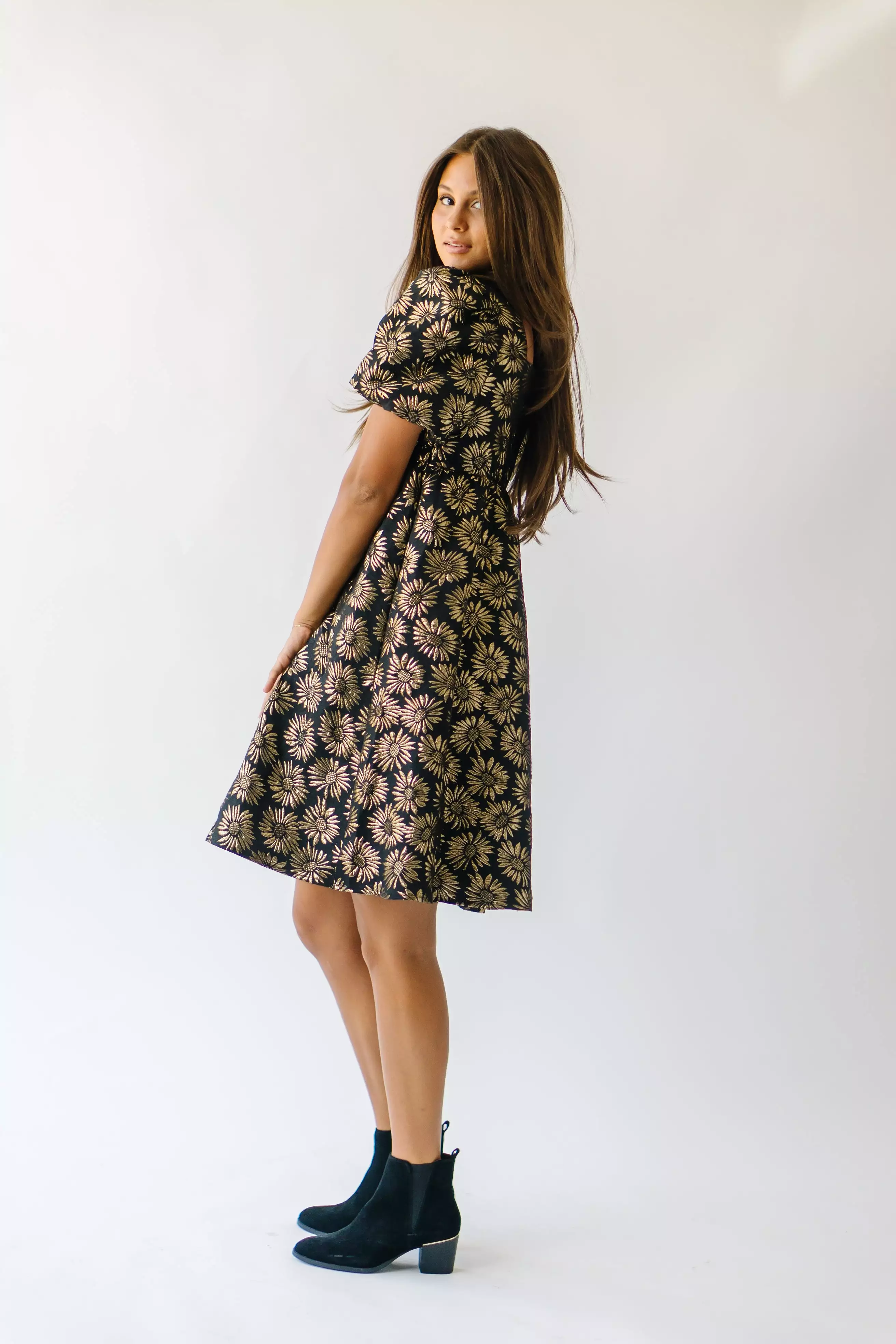 The Poplin Jacquard Floral Dress in Black