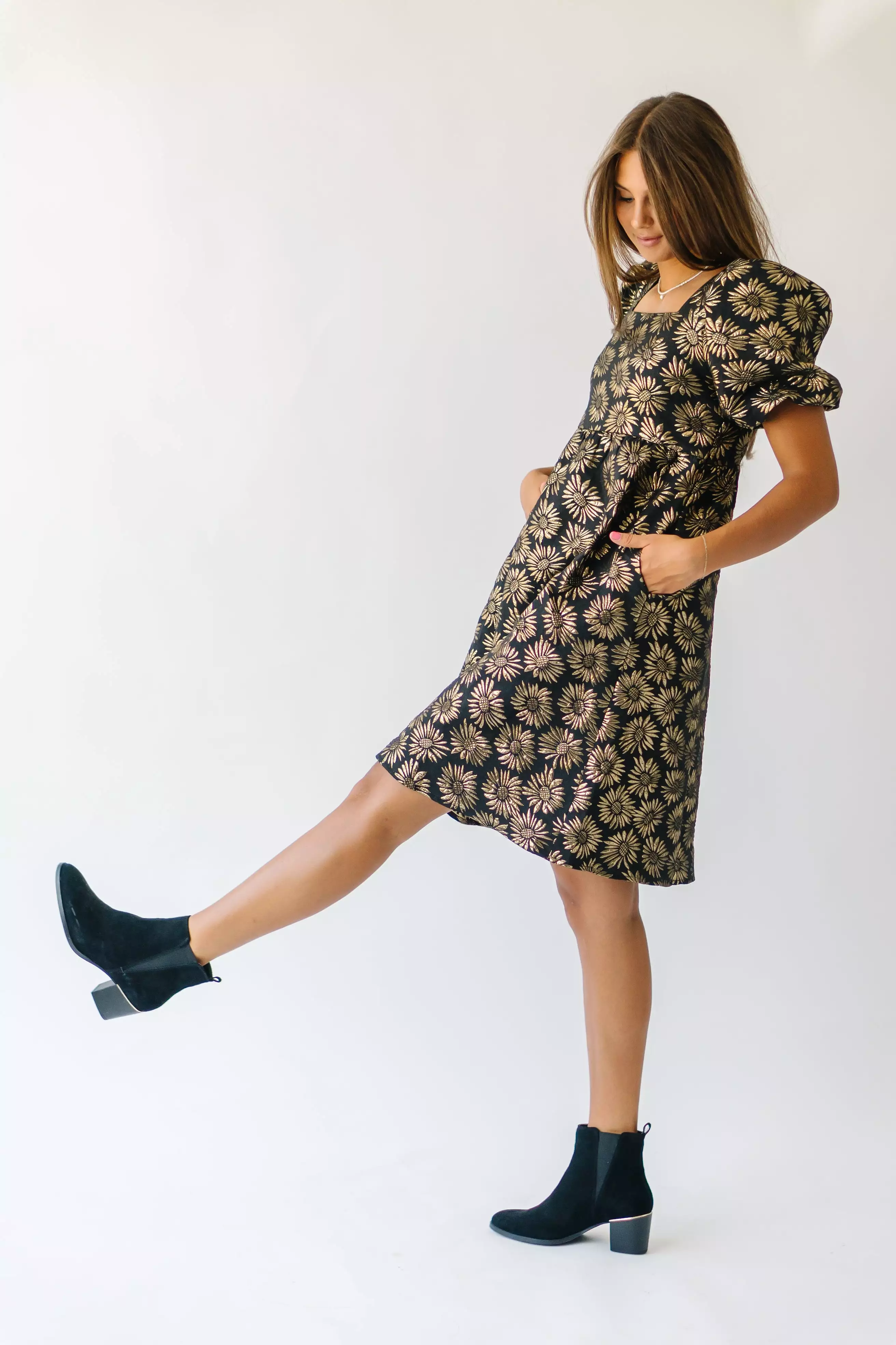 The Poplin Jacquard Floral Dress in Black