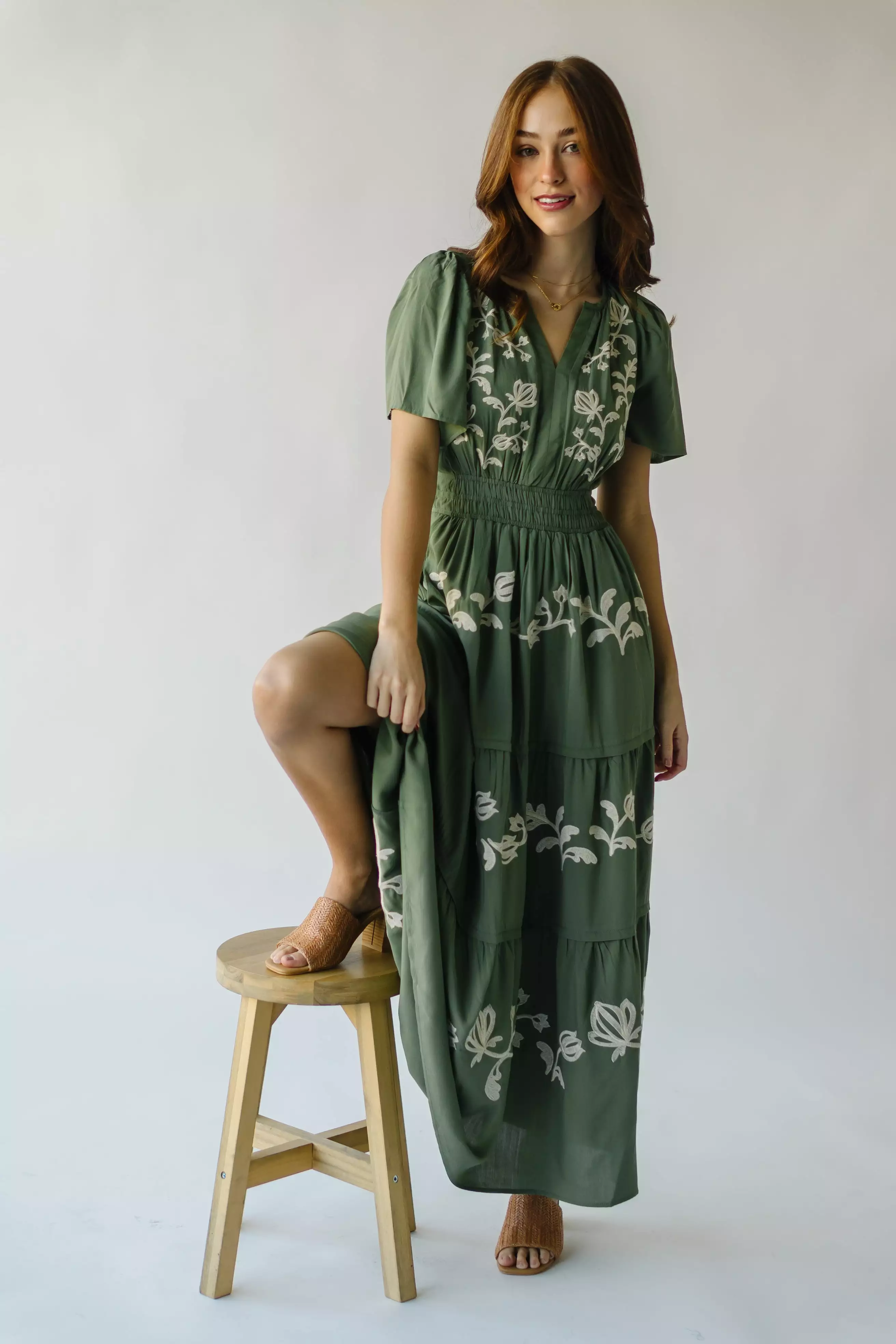 The Radford Embroidered Maxi Dress in Olive (PRE-ORDER: SHIPS IN 3-4 WEEKS)