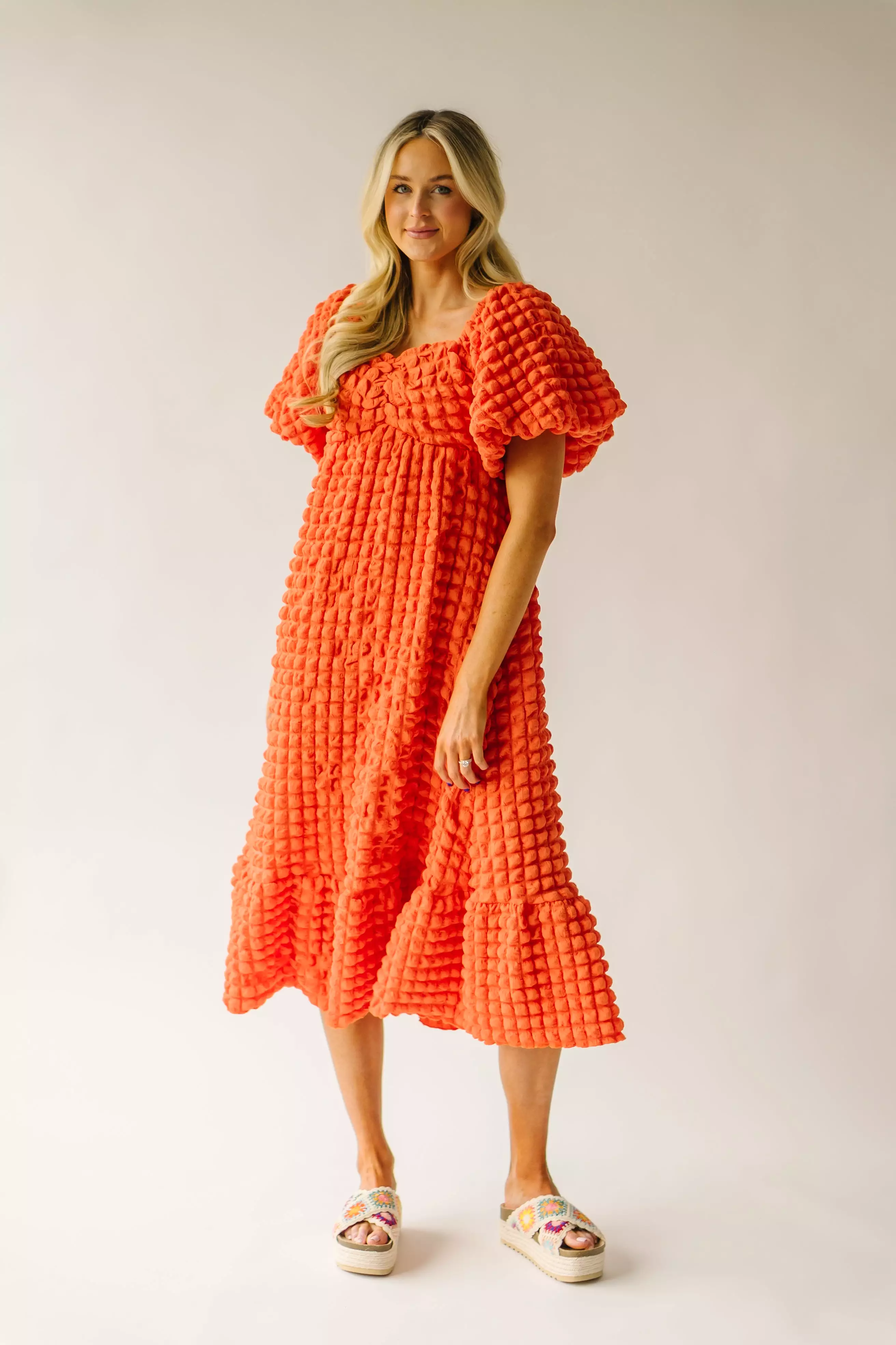 The Rasillo Balloon Sleeve Dress in Coral Orange