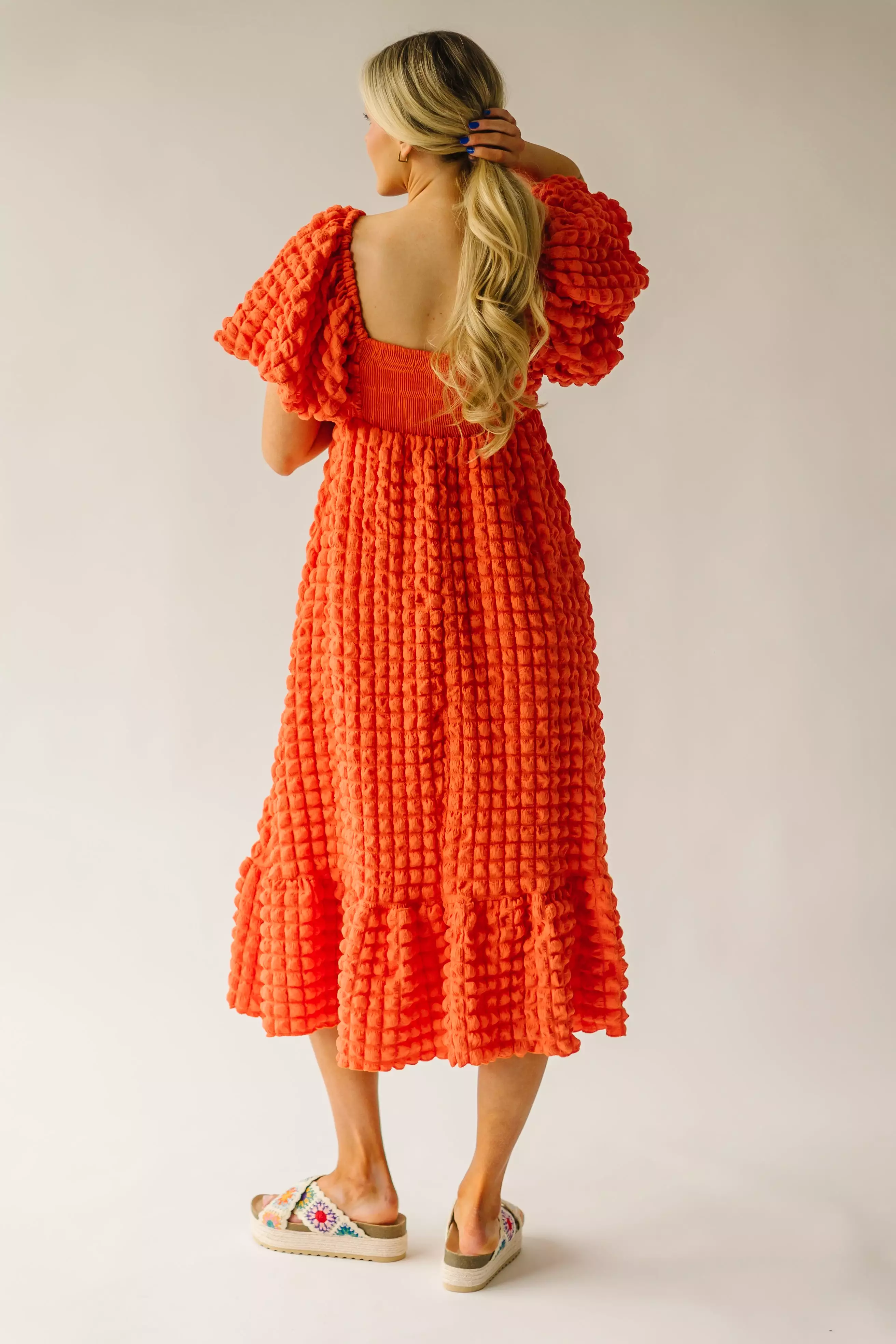 The Rasillo Balloon Sleeve Dress in Coral Orange