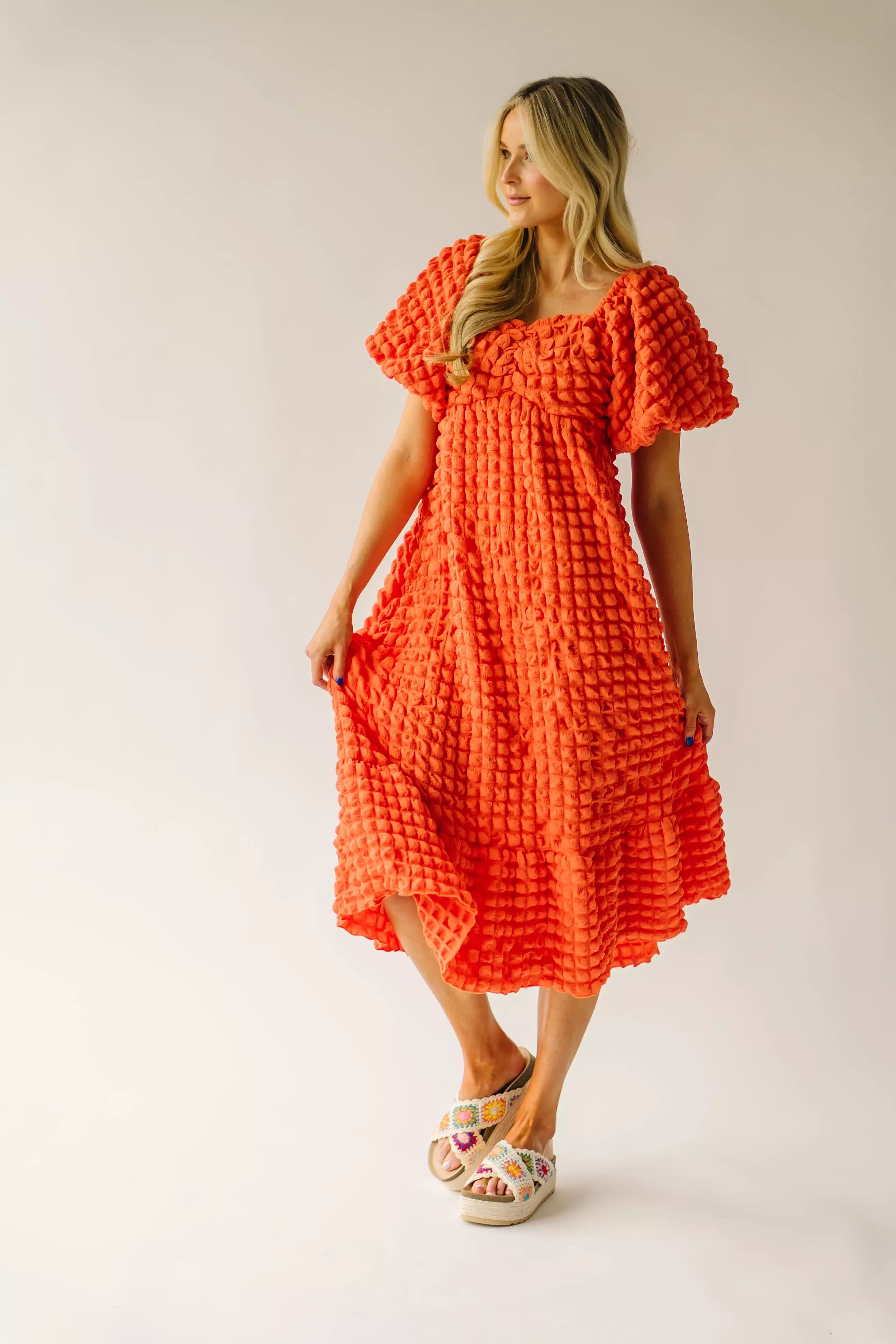 The Rasillo Balloon Sleeve Dress in Coral Orange