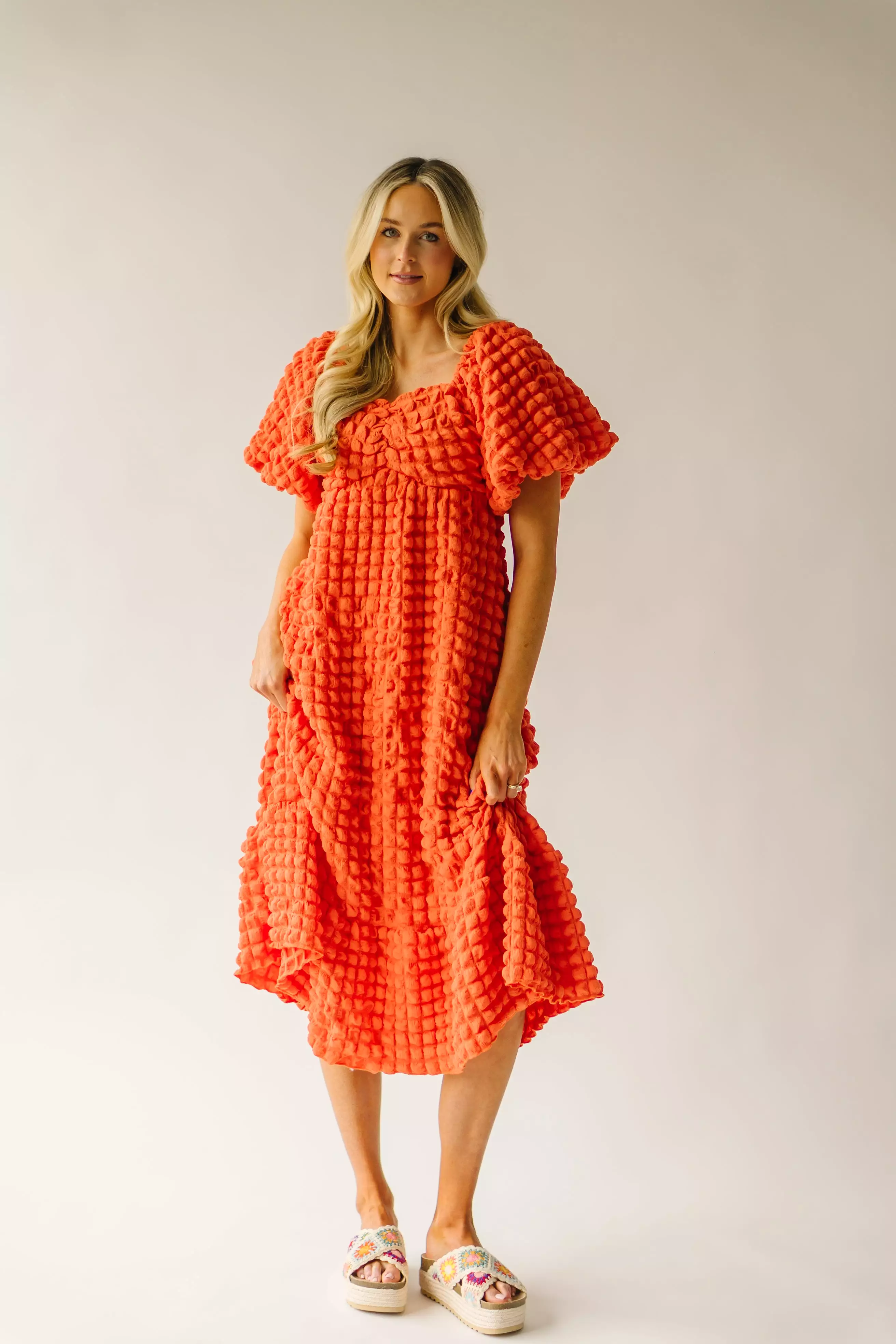 The Rasillo Balloon Sleeve Dress in Coral Orange