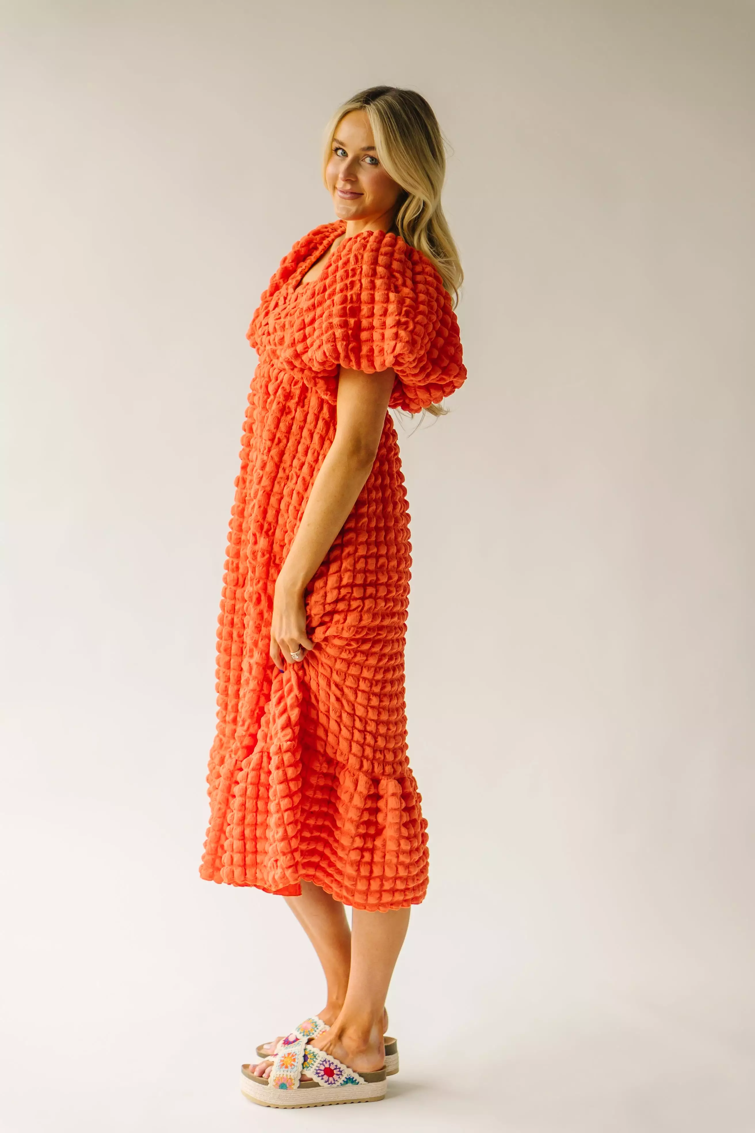 The Rasillo Balloon Sleeve Dress in Coral Orange