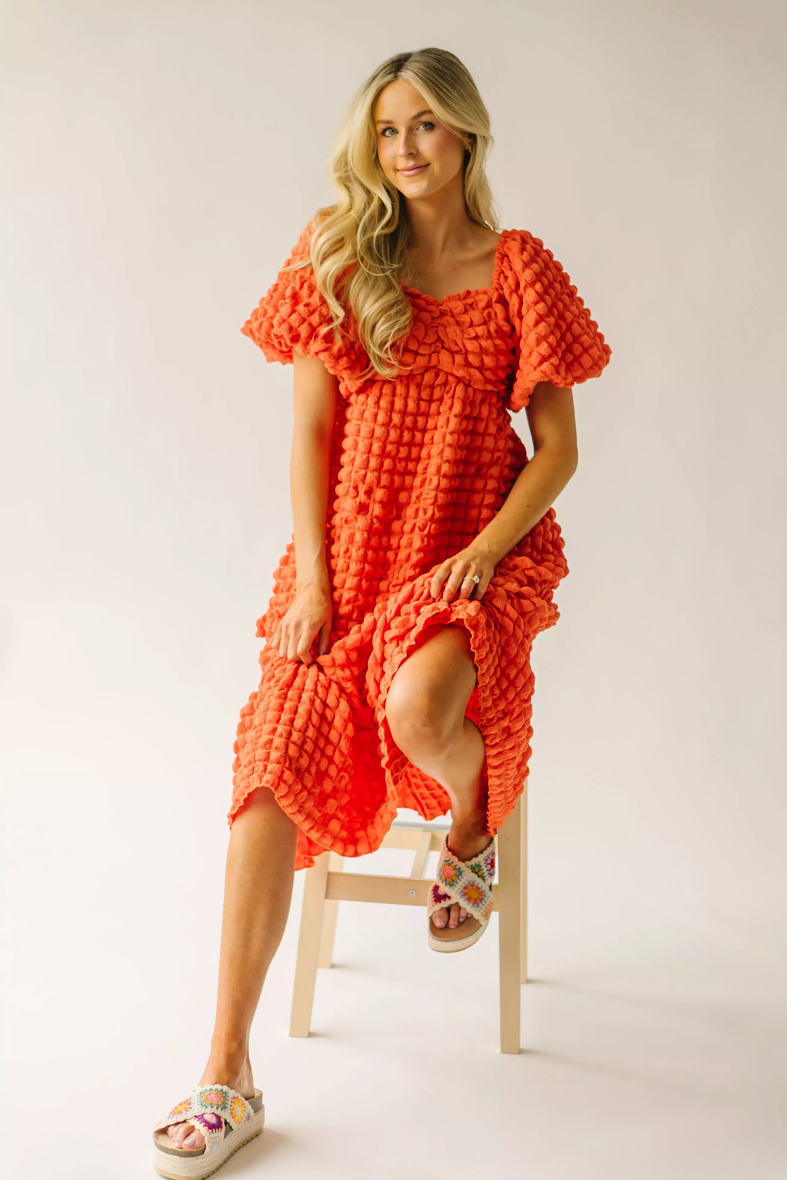 The Rasillo Balloon Sleeve Dress in Coral Orange