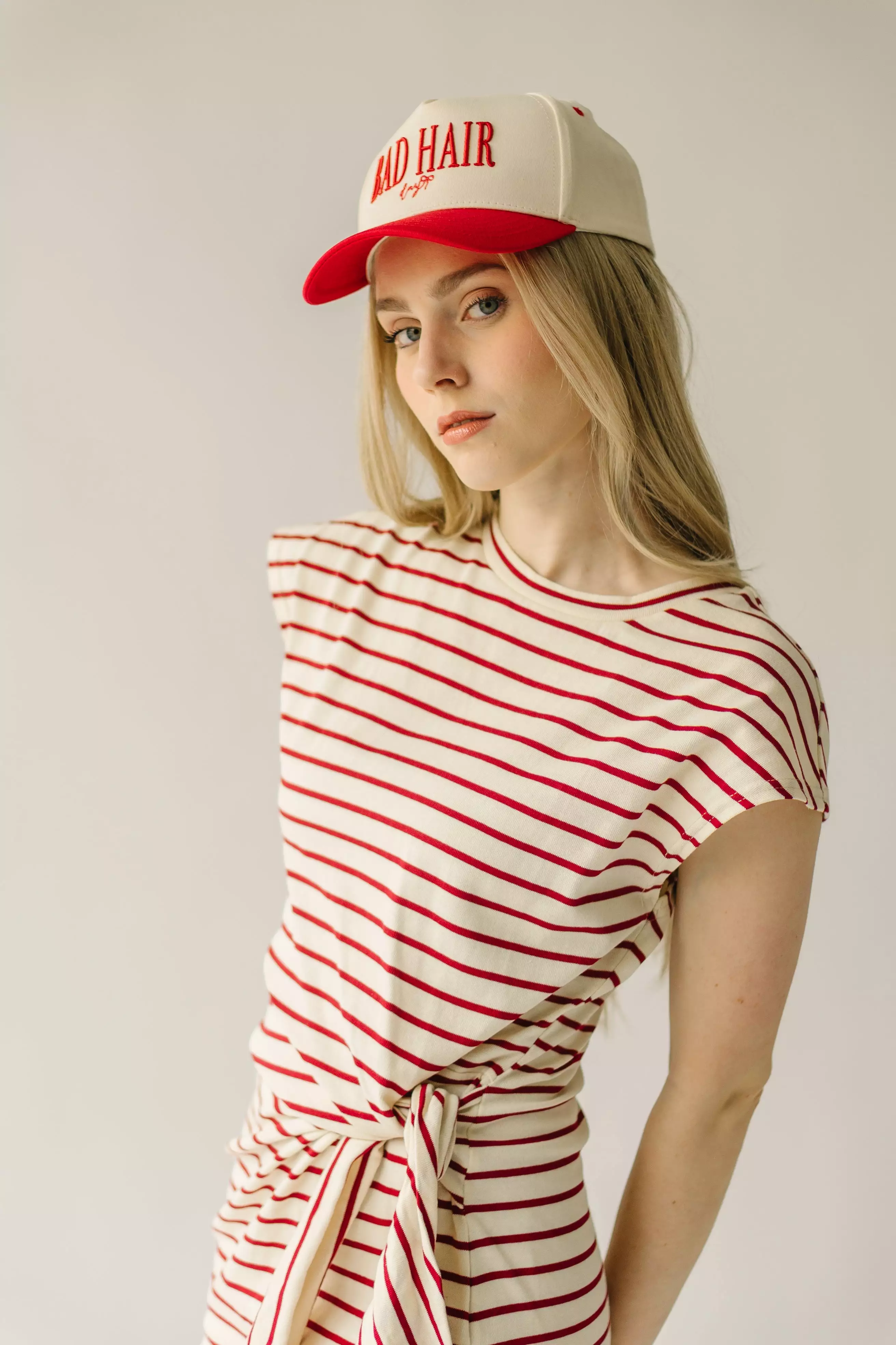 The Redden Knot Detail Dress in White + Red Stripe