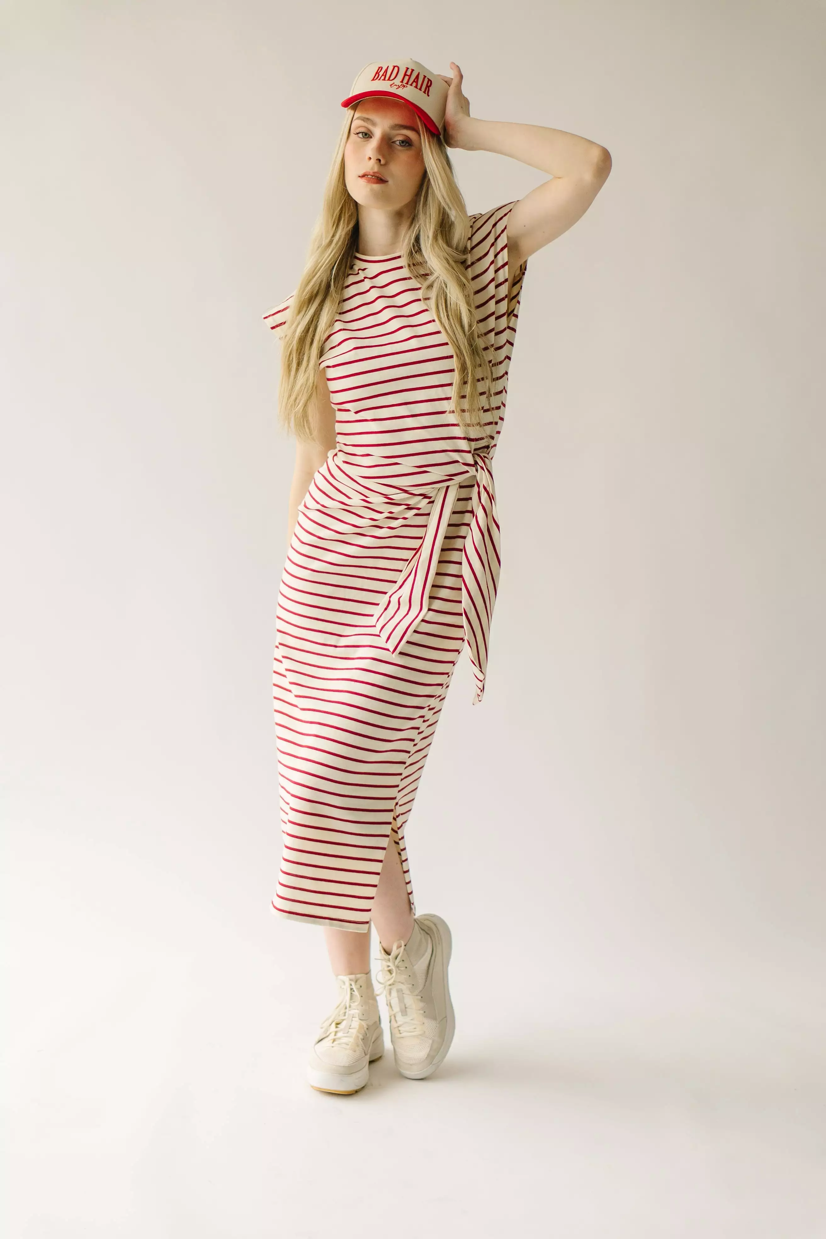 The Redden Knot Detail Dress in White + Red Stripe