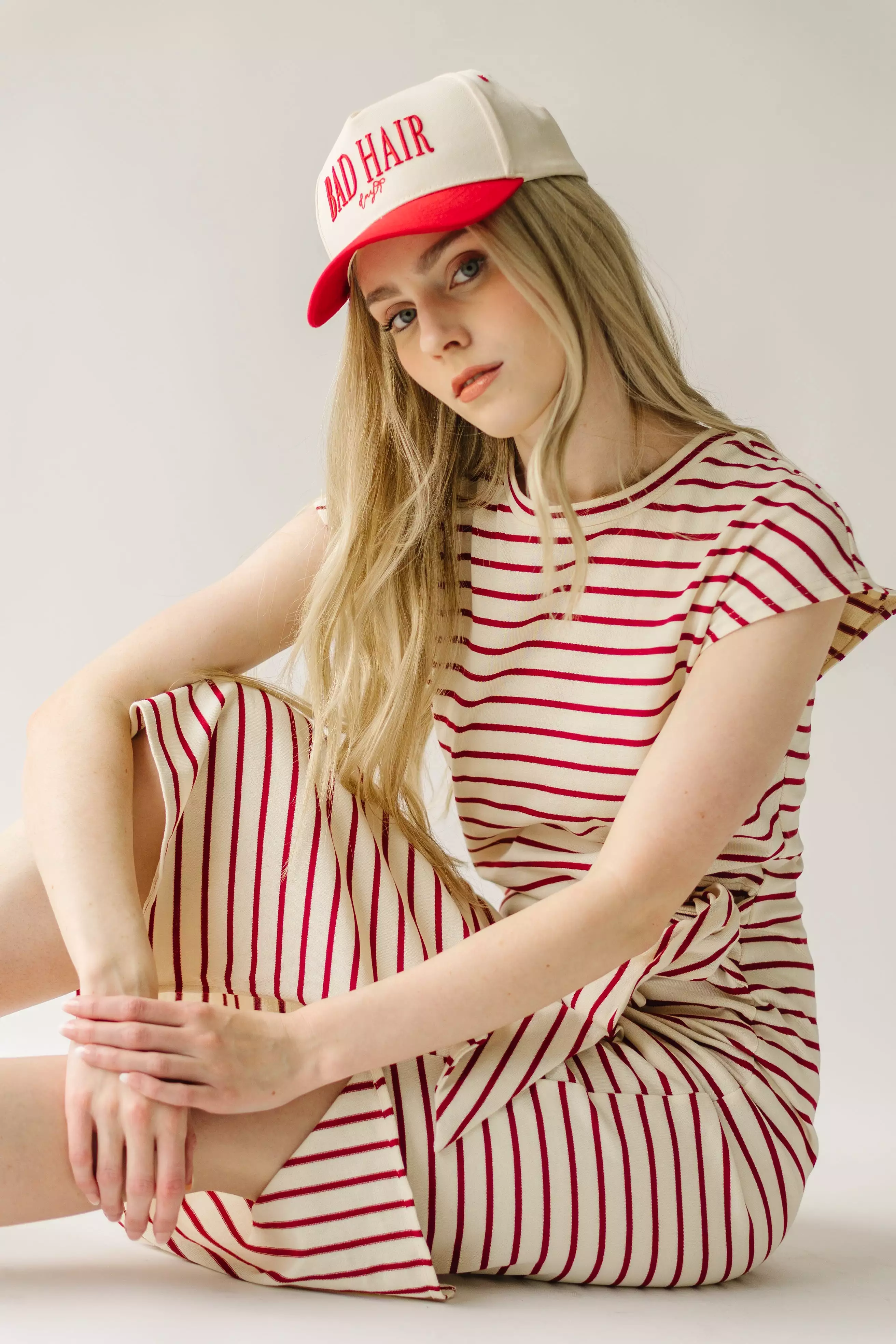 The Redden Knot Detail Dress in White + Red Stripe