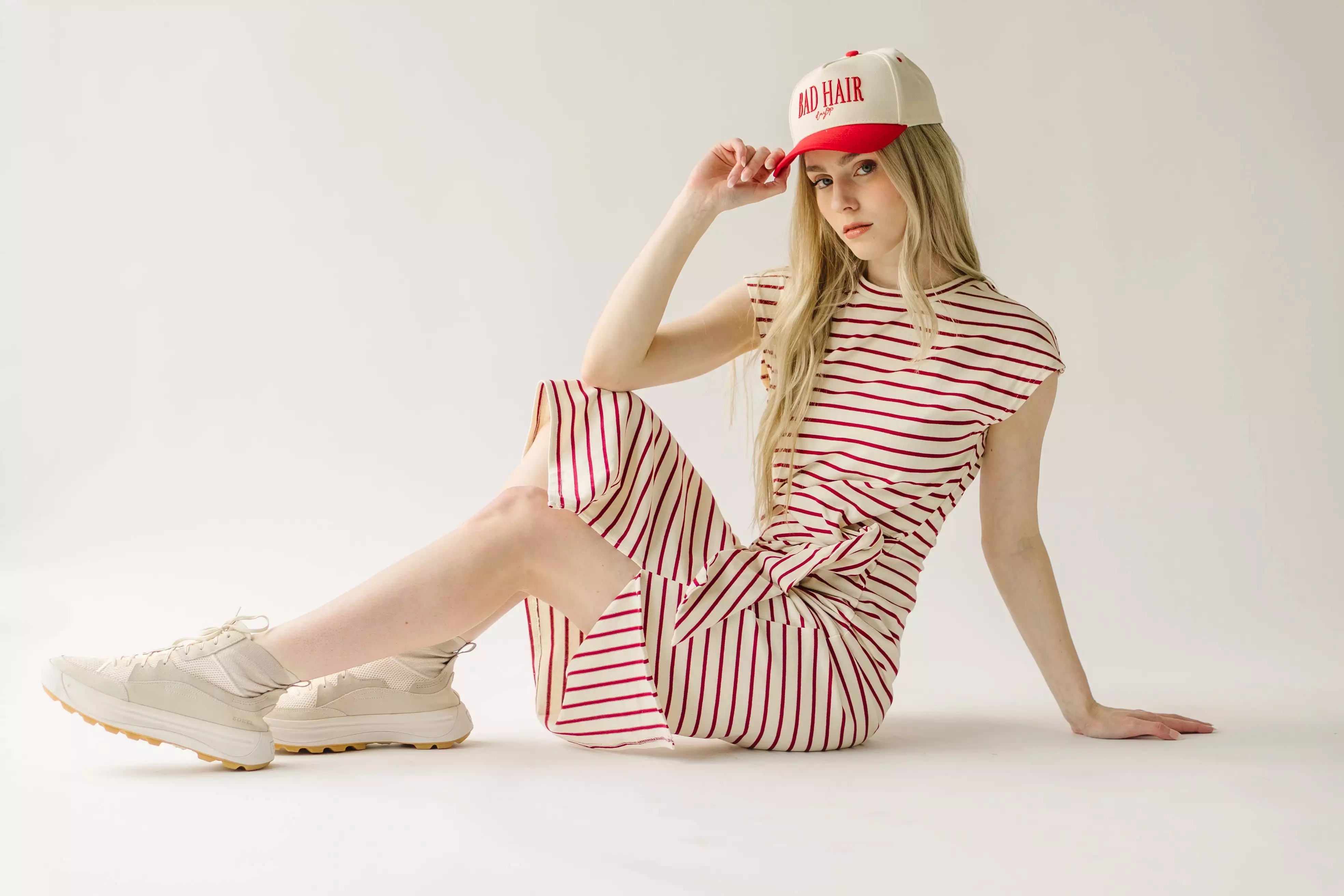 The Redden Knot Detail Dress in White + Red Stripe