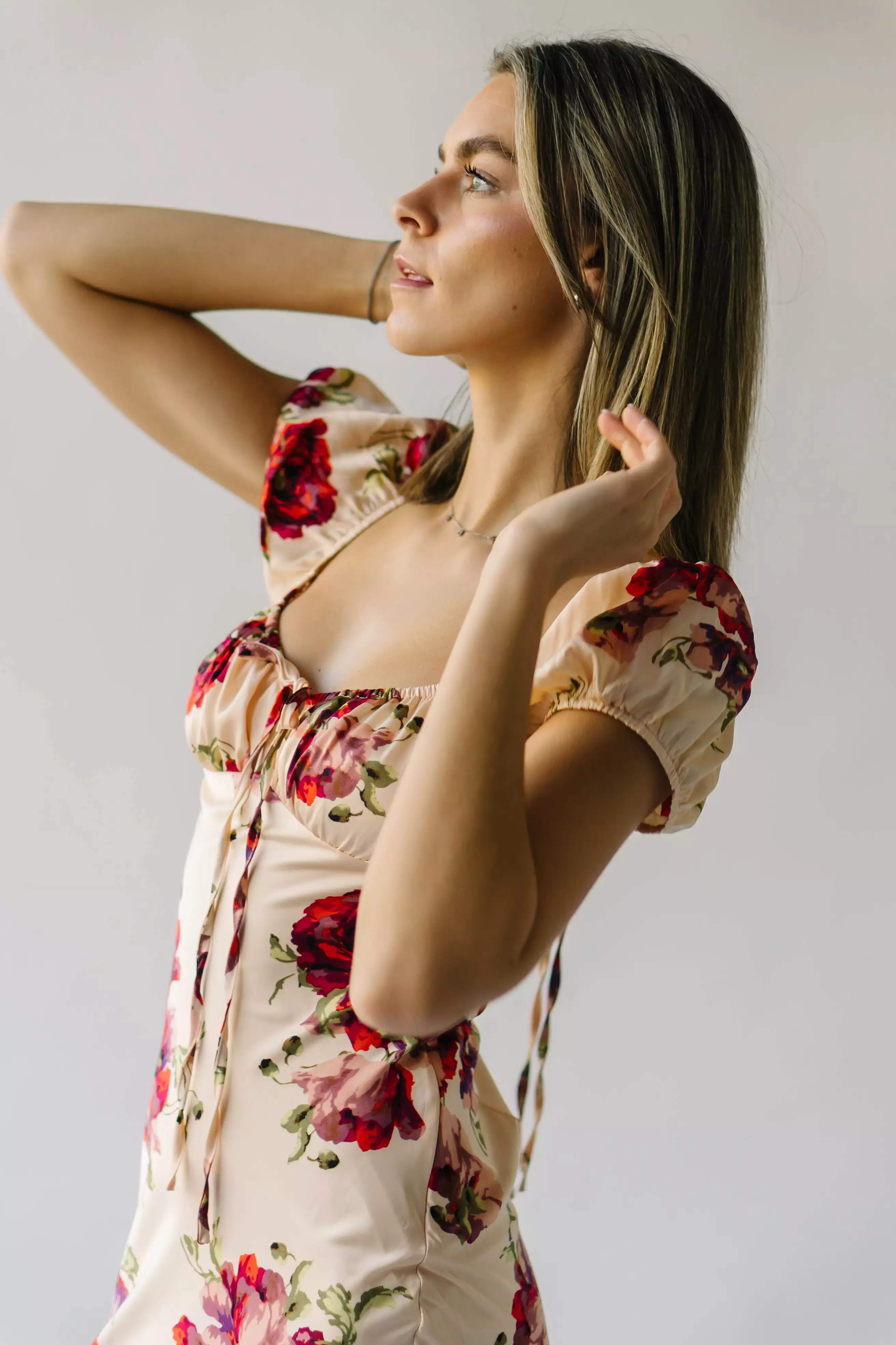 The Rodessa Satin Floral Dress in Cream