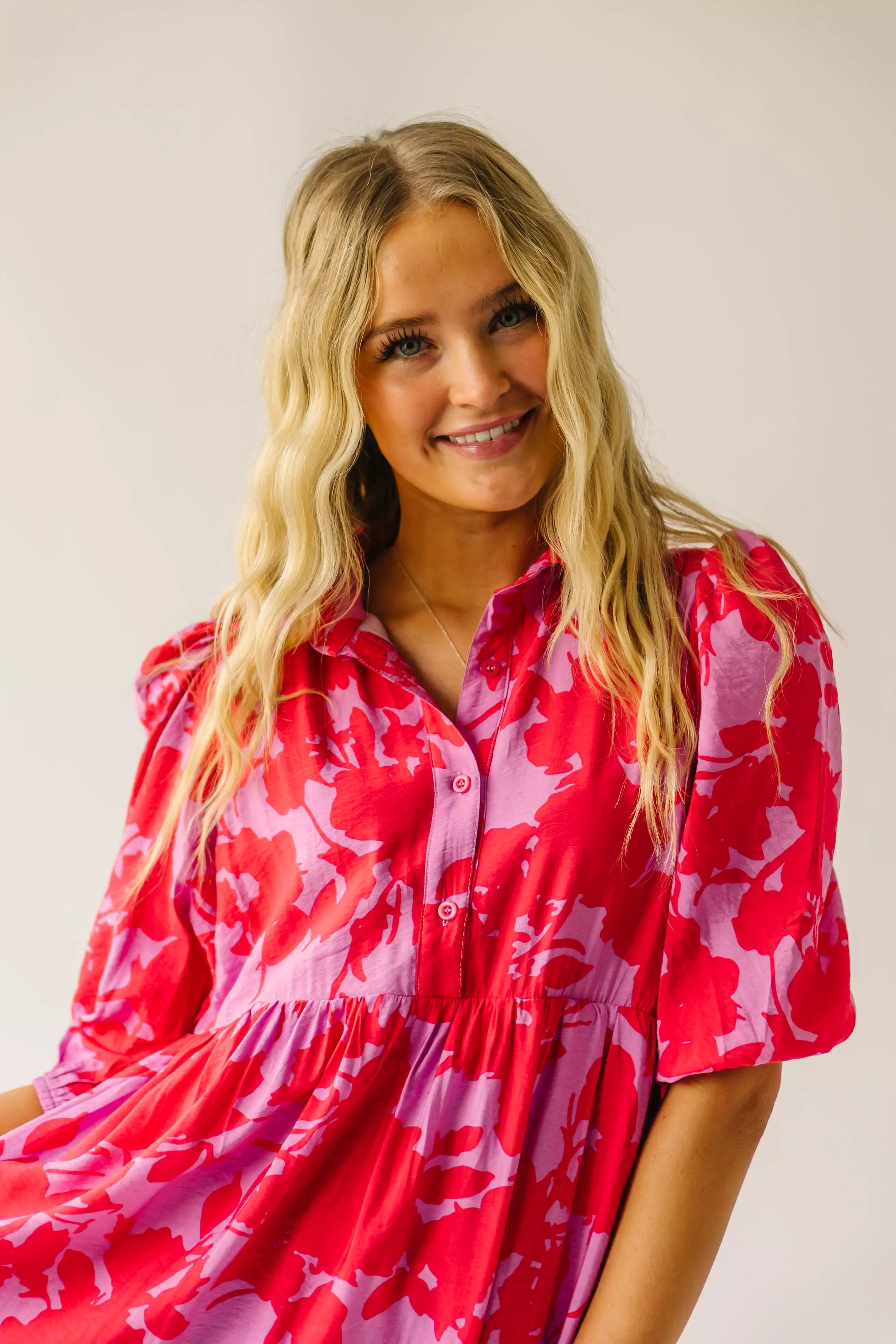 The Schwan Patterned Floral Dress in Pink + Red