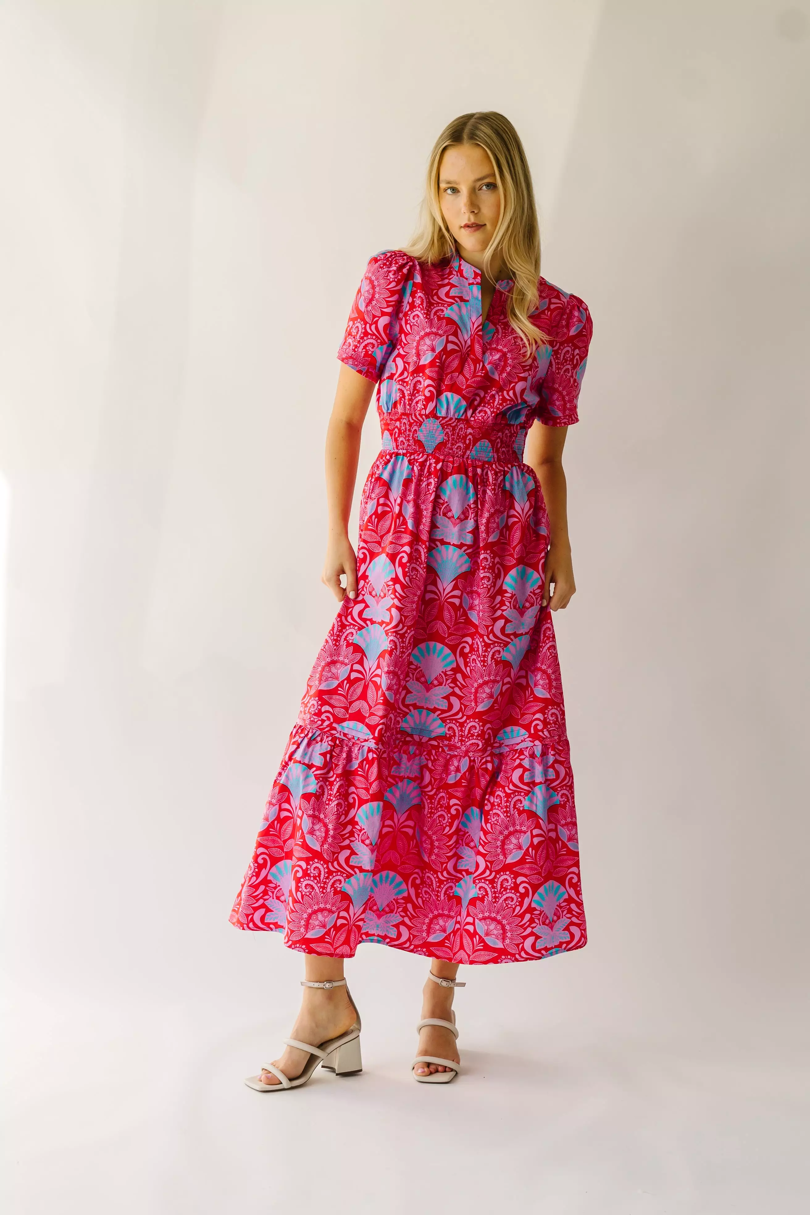 The Stebbins Floral Poplin Maxi Dress in Red + Blue Multi