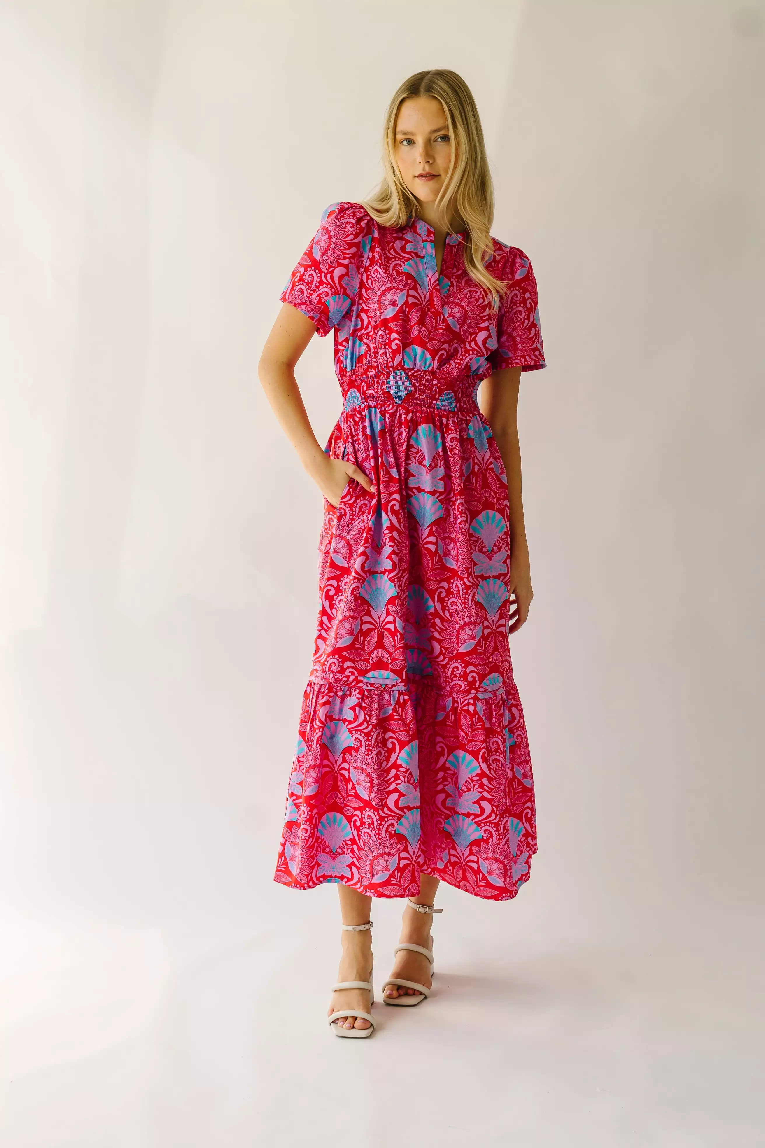 The Stebbins Floral Poplin Maxi Dress in Red + Blue Multi