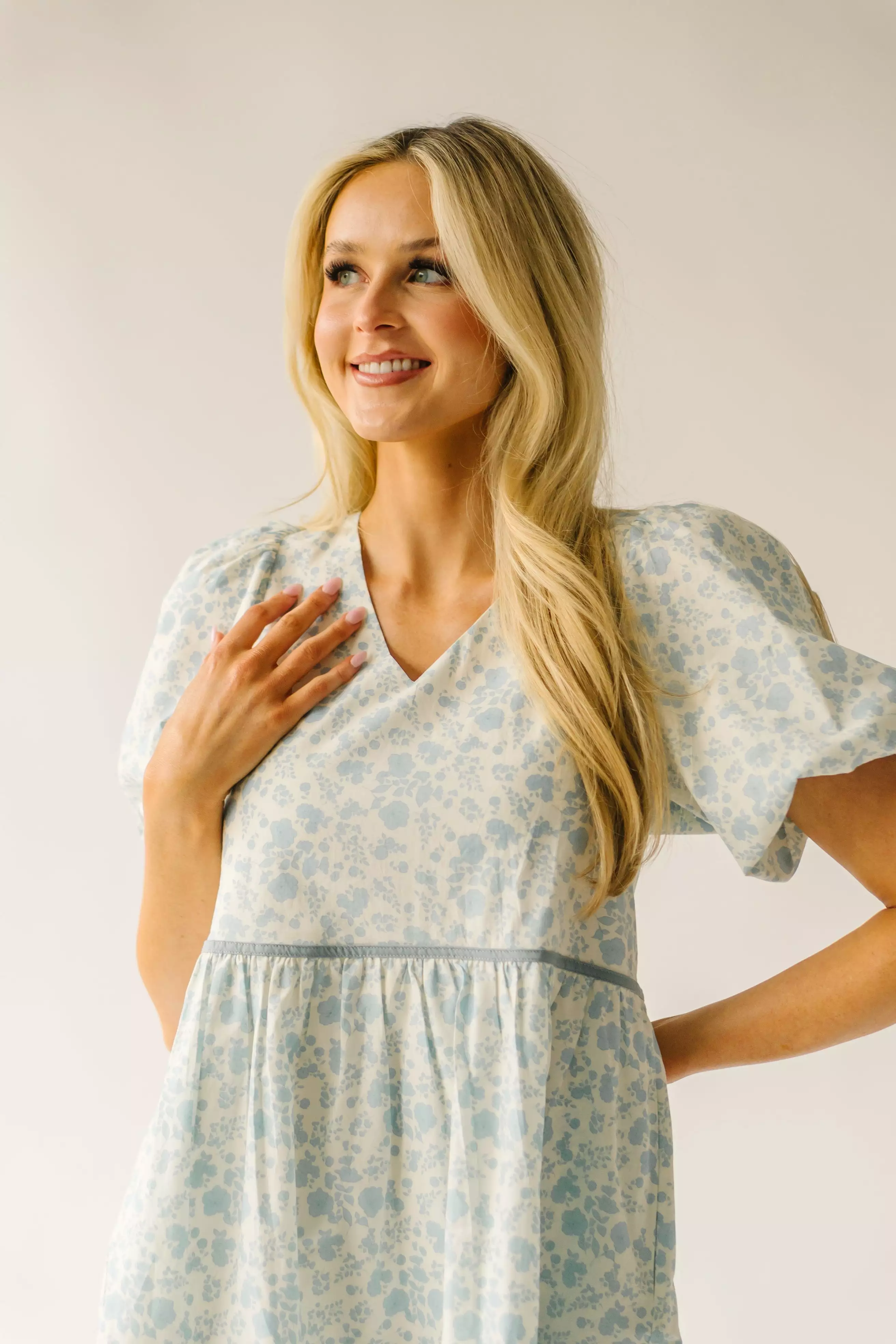 The Tania Floral Babydoll Dress in Dusty Blue