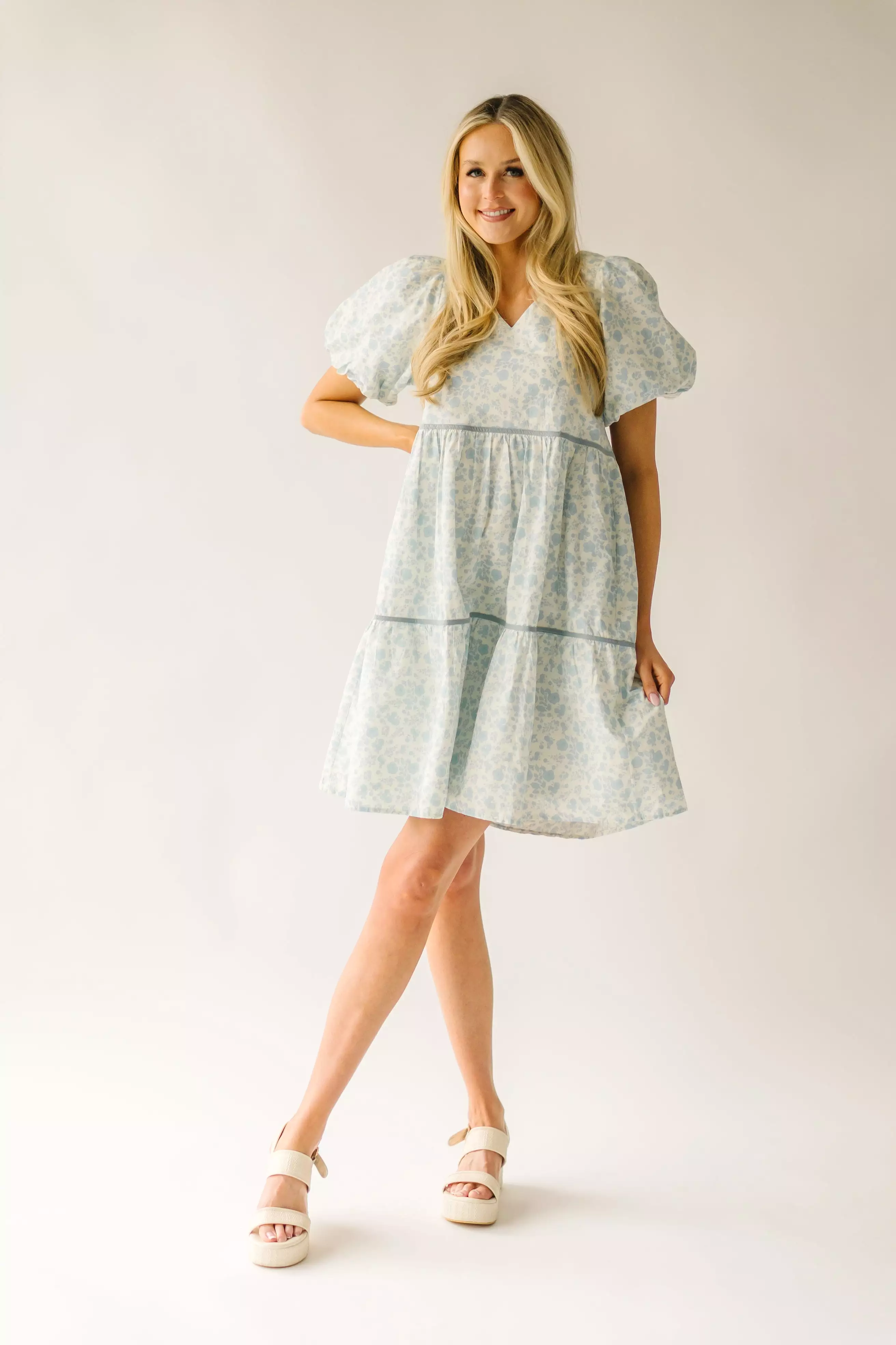 The Tania Floral Babydoll Dress in Dusty Blue