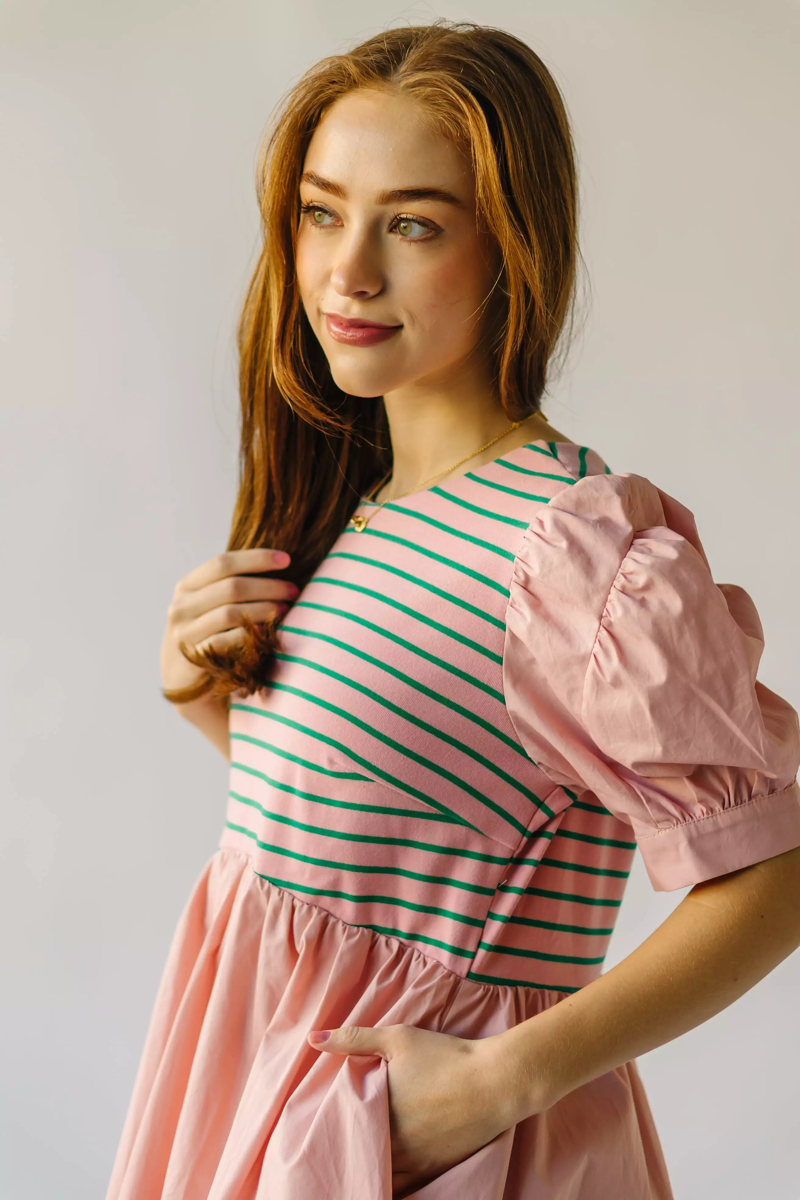 The Taylen Puff Sleeve Dress in Pink + Green Stripe