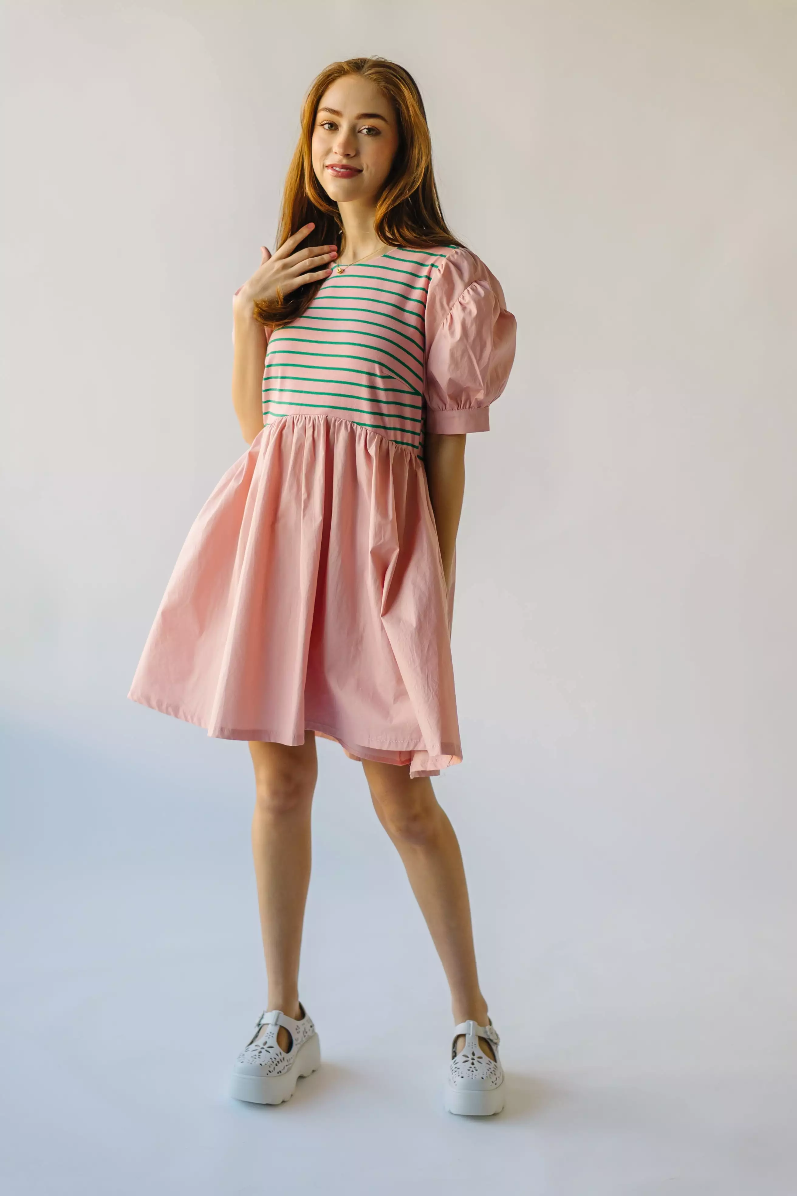 The Taylen Puff Sleeve Dress in Pink + Green Stripe